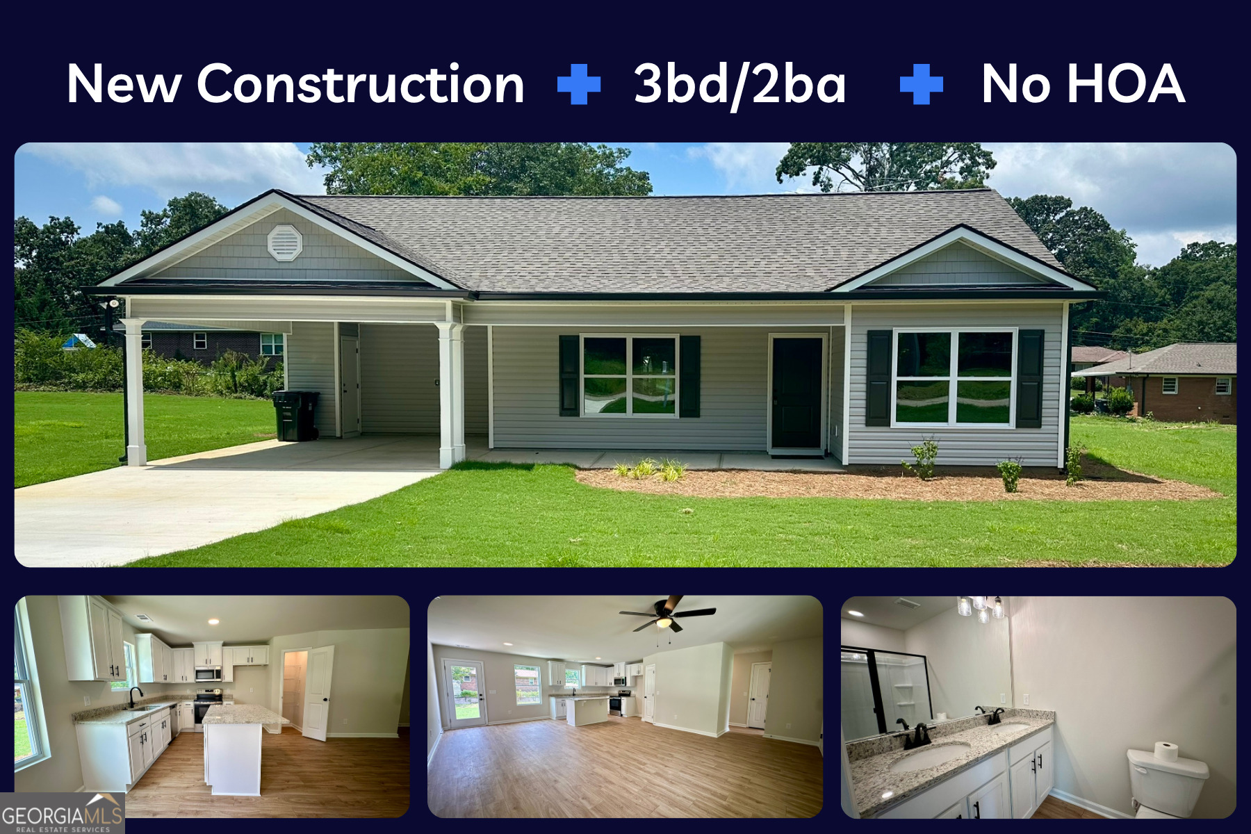 With 100% USDA financing, your upfront cost can be as low as $1,000! Check out this new construction home by SGW Homes in Toccoa, GA. 3 bedrooms, 2 bathrooms, on a flat lot, free from HOA restrictions and walkable to shopping. In the south, a covered front porch gives a welcoming feel. Step inside to a well planned, split bedroom design with vinyl flooring throughout. Enter into the family room which is open to the eat-in area and the kitchen. This kitchen steals the show with its white cabinets, granite countertops, island with breakfast bar, pantry and a window overlooking the backyard. Stainless steel appliances, including a range, dishwasher, & microwave are included as well as a disposal. The owner's suite features a walk-in closet and private bath with double vanity and spacious 5' shower. The secondary bedrooms have good closets. Extend your living space to the back patio, perfect for entertaining or enjoying your morning coffee. Low-Maintenance vinyl siding and architectural shingled roof will make it easy to keep your home looking brand new for many years. Park your car out of the elements under the covered carport. The flat lot finished with Bermuda sod offers plenty of open yard area. Home is complete and ready for move-in!