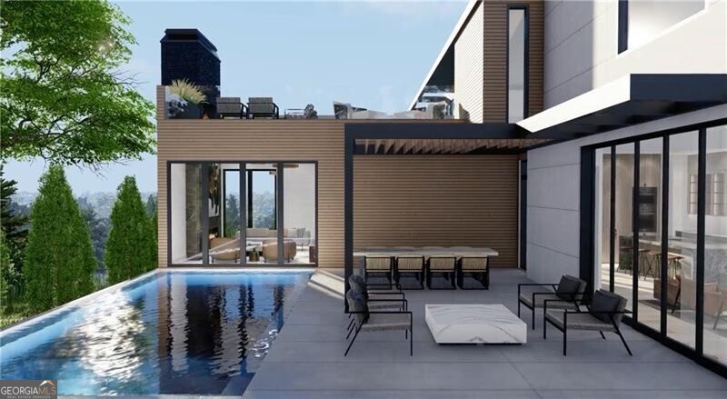 Experience Luxury Living in the Heart of Atlanta's Most Desirable Neighborhood. Stunning, custom masterpiece situated on a hilltop lot in Virginia-Highland - one of Atlanta's most sought-after neighborhoods. This magnificent modern home boasts sleek, clean lines, enveloped by aluminum exterior doors and windows with a powder-coated black finish that creates a powerful visual impact. This exceptional residence offers approximately 6,000 square feet of living space, featuring five spacious bedrooms and many luxurious amenities catering to family life and entertainment. With ample natural light, soaring ceilings, and contemporary design elements, the two-story glass entry sets the tone for the luxurious living experience that follows. Enjoy stunning views with seamless indoor-outdoor living highlighted by the swimming pool's PebbleTec finish, perfect for cooling off during hot summer days. Or relax and take in the breathtaking panoramic views from the rooftop deck, complete with a fireplace and parapet privacy wall. The kitchen is any chef's dream. Sophisticated Italian modern cabinetry, quartz countertops with a full backsplash, and state-of-the-art Miele appliances, including a 30-inch induction cooktop, two dishwashers, a two-burner gas cooktop, and a convection oven. The approximately 54"x120" kitchen island with a waterfall countertop and counter-height seating provides the ultimate dining and entertaining experience. Unwind in the spacious primary bedroom, featuring modern Italian shelving in the closet and a luxurious primary bath with Dornbracht fixtures, a soaking bathtub, and dual rain showerheads. Other impressive features include an elevator, a gym, and low-voltage pre-wiring for security, cameras, data, and sound. This custom, stunning new construction modern home is the perfect embodiment of luxury living, offering a sophisticated and elegant lifestyle in one of Atlanta's most desirable neighborhoods. Conveniently located mere steps from Piedmont Park, The Atlanta BeltLine, and top-rated shops and restaurants, this is the ideal Atlanta retreat. Photos are Renderings of the To Be Built Home.