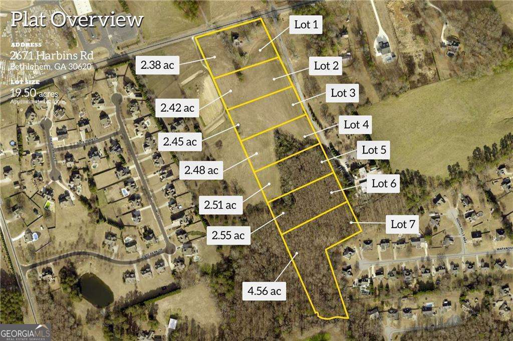 Outstanding Builder & Developer Opportunity in Gwinnett County! Situated along scenic Harbins Road, this 19.5-acre property offers seven expansive, fully platted estate lots ranging from 2.387 to 4.568 acres. The land features beautiful, gently sloping topography-perfect for custom homes. Located just minutes from Hwy 316 in a rapidly growing area, this site is surrounded by luxury homes priced between $1.4M and $1.8M on nearby Indian Shoals Road. A new middle school is coming soon, adding even more value to this in-demand corridor. Buyer will be responsible for installing the shared driveway, connecting utilities (water, electricity, septic), and removing the existing house currently on the property. A rare chance to build in one of the most sought-after growth areas in Gwinnett County!