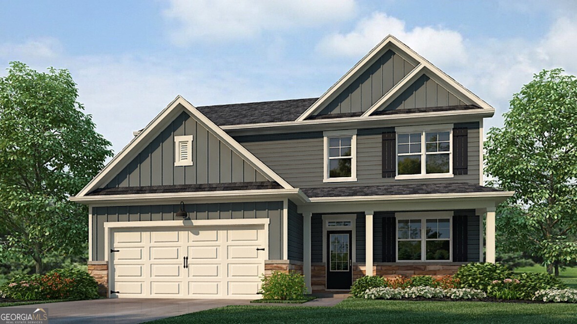 The Elle at 2717 Montie Court is a 2,711 square foot home available in our Lithia Springs, GA community, Fairhaven. This two-story plan offers 5 bedrooms, 3.5 bathrooms, and a 2 car garage. Stepping into the foyer, you'll be greeted by the stairs to the second level ahead and a flex room off to one side. The flex room is space created to suit whatever needs you have: dining, home office, playroom - you name it. Down the hallway you'll pass the powder bath and door into the 2-car garage and be welcomed into the entertaining space. The kitchen boasts lots of counterspace, stainless-steel appliances, a roomy pantry, and a central island. Off of the kitchen is the perfect eat-in dining space that also provides access to the back patio and flows seamlessly into the spacious living room. The Elle is a favorite of many due to the primary suite being located on the main level! A large bedroom, bathroom with a separate shower and soaking tub, double vanity, water closet, and walk-in closet make up the retreat. On the second level you'll find an additional living room, four secondary bedrooms, two full bathrooms, and the laundry room. If it sounds like the Elle at 7117 Montie Court is your perfect fit, give us a call today to schedule your on-site appointment in Fairhaven in Lithia Springs, GA.