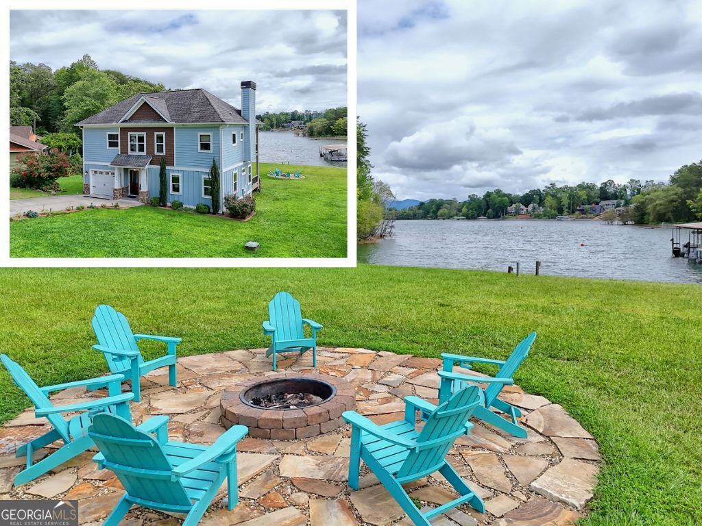 Custom Lake Chatuge home featuring 2 bedrooms, 2 baths plus a bunk room built in 2016 by Brown Haven Homes. This lake access and lake view property contains 0.39 acres in the Hedden Cove subdivision of Cedar Cliff in Hiawassee. Family friendly, flat yard in peaceful deep-water cove with outdoor firepit area. Excellent location only 6 minutes to town in a very walkable community. Great small neighborhood with only 8 homes sharing a large, covered, deeded community dock. Watch fireworks from your own backyard! Modern home, beautifully appointed with upgraded luxury finishes. Unobstructed water views abound throughout the property. Enjoy the cozy wood burning stone fireplace during chilly weather. Two Primary Suites, one on each floor, with custom walk-in closets, in addition to a triple bunk room. Two living areas, one on each floor. Gourmet kitchen with large island and separate pantry/laundry room. Offering fully furnished/turnkey.