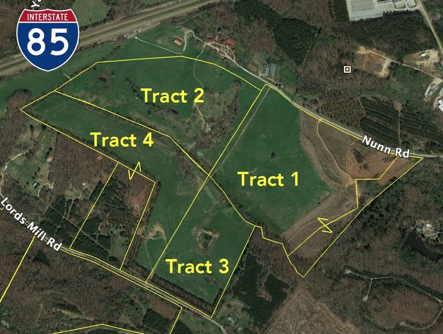 The subject property is one of the largest contiguous tracts with interstate access and frontage in the Greater Metro-Atlanta Market with sewer access. Site is being offered both as a bulk sale of the entire 458.56 +/- acres and broken up into 4 industrial sites as described within the attached Marketing Brochure. This listing is for Tracts 1, 2, 3 and 4 which totals 229.946 +/- Acres. In the event tracts 1 and 2 are purchased together, buyer would need to allow access to tracts 3 and 4. This property is well suited for multiple uses made up of approximately half residential ,half industrial with commercial out-parcels with a location less than 3/4 mile from exit 147 on I-85 making it extremely desirable for distribution and other uses needing rapid access to I-85. Bouchard Farms has tremendous market access with 77 million people in 30 million households within a 1-day truck drive. This property is at the center of a mega-region stretching from Birmingham, AL to Raleigh-Durham, NC, that is growing at twice the national average.