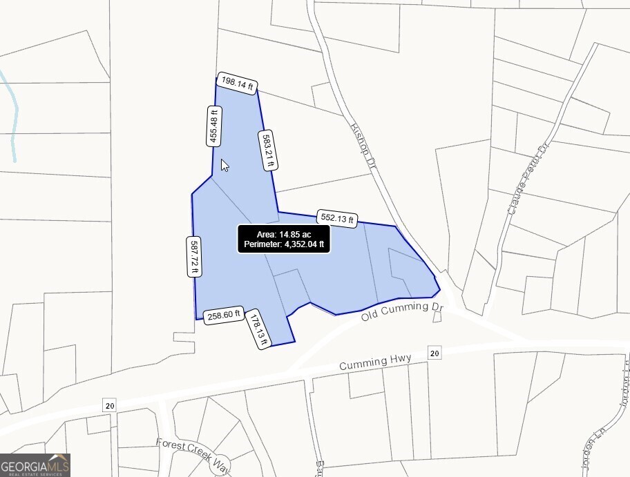 $6,393,000 for this approximately 14 Acre assemblage of relatively level land with little to no topographical challenges. Direct access onto Hwy 20. Industrial grade cut-de-sac capable of handling 18 wheeler truck and trailers. Commercial buildings and residential homes are on the 4+ ac  property for $2,000,000. Land sits high with excellent visibility on Hwy 20. Approx. 1500 ft of road frontage on Old Cumming Dr, Bishop Dr. and Hwy 20. Traffic count of 22,400. is from 2022 which is before construction on Hwy 20 and just as Covid restrictions were lifted. The traffic count has grown exponentially and will continue to increase as Hwy 20 construction wraps up. Parcels included: 14N29A 013, 14N29A 012, 14N29A 011, 14N29A 008, 14N29A 008A, 14N29A 006, total price is $6,393,000.