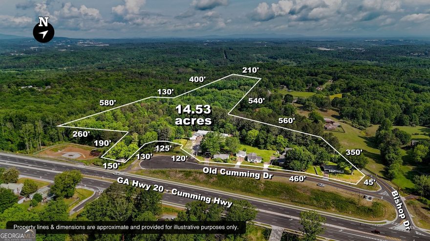 $6,393,000 for this approximately 14 Acre assemblage of relatively level land with little to no topographical challenges. Direct access onto Hwy 20. Industrial grade cut-de-sac capable of handling 18 wheeler truck and trailers. Commercial buildings and residential homes are on the 4+ ac  property for $2,000,000. Land sits high with excellent visibility on Hwy 20. Approx. 1500 ft of road frontage on Old Cumming Dr, Bishop Dr. and Hwy 20. Traffic count of 22,400. is from 2022 which is before construction on Hwy 20 and just as Covid restrictions were lifted. The traffic count has grown exponentially and will continue to increase as Hwy 20 construction wraps up. Parcels included: 14N29A 013, 14N29A 012, 14N29A 011, 14N29A 008, 14N29A 008A, 14N29A 006, total price is $6,393,000.