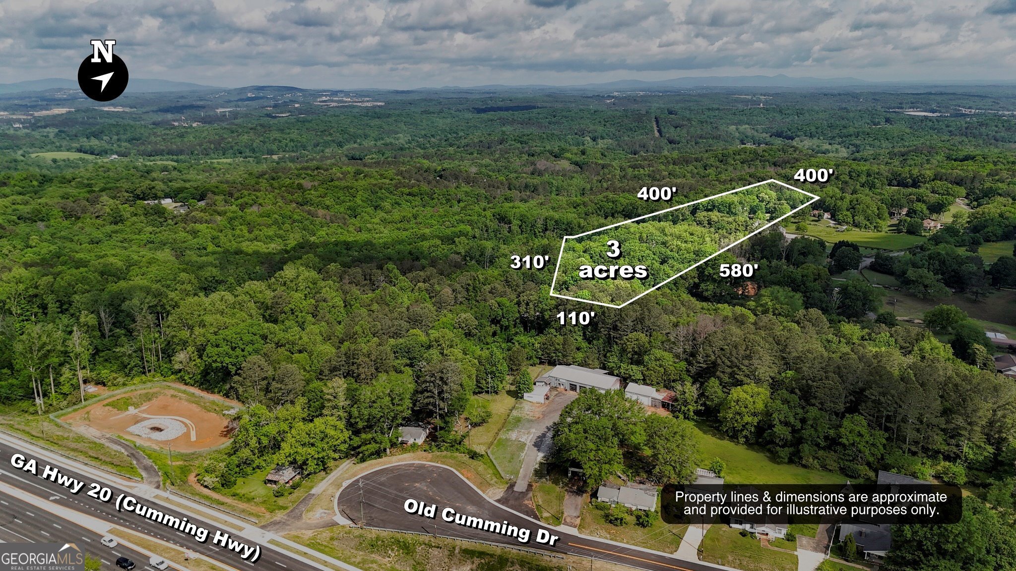 This is part of approximately 14 Acre assemblage of relatively level land with no topographical challenges. Commercial buildings and residential homes are on the property. Land sits high with excellent visibility on Hwy 20. Approx. 1500 ft of road frontage on Old Cumming Dr, Bishop Dr. and Hwy 20. Industrial grade cul-de-sac for property use capable of handling 18 wheeler trucks and trailers. Sewer is located across the street at Forest Creek Subdivision. Traffic count of 22,400. is from 2022 which is before construction on Hwy 20 and just as Covid restrictions were lifted. The traffic count has grown exponentially and will continue to increase as Hwy 20 construction wraps up. Parcels included: 14N29A 013, 14N29A 012, 14N29A 011, 14N29A 008, 14N29A 008A, 14N29A 006, total price is $6,393,000. *All measurements are approximate*