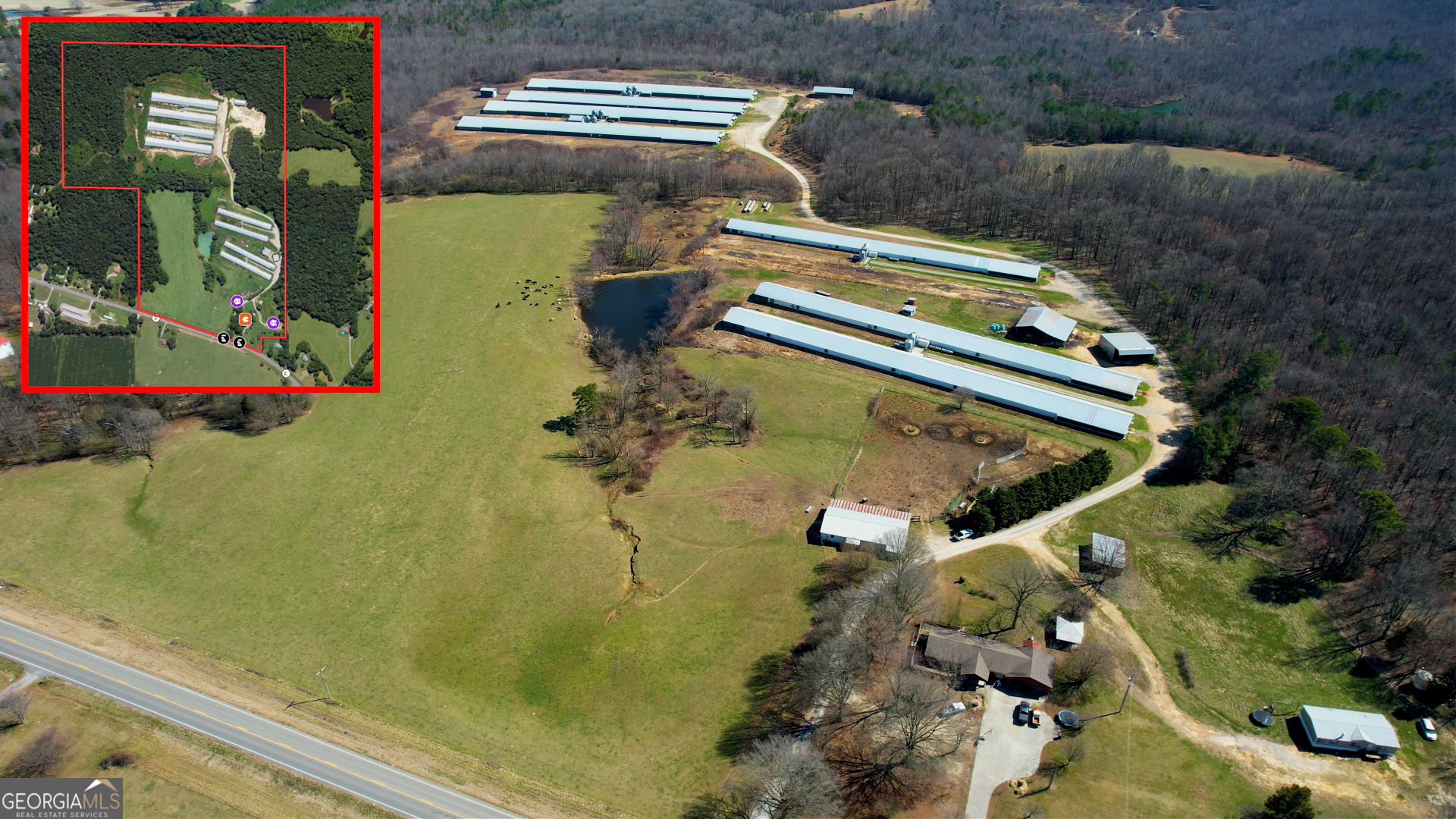 7 broiler houses on approximately 96 acres of land 4 houses sized 66600 Built in 2017 (Houses 5-8) 3 houses sized 40500 Build in 1995 (Houses 1-3) Rotem Control system Generators 3 bedroom, 1 bathroom brick home. Built in 1965. 1769 +/- Square Feet. Open kitchen, living room, dining room. Also, there is an office, oversized 2 car garage, central heat and air, and a large patio. 3 bedroom, 2 bathroom mobile home EQUIPMENT: Deutz 95 horsepower Tractor KMC Cleanout Machines KMC Windrower KMC Blower KMC PLR *Equipment is 4 years old. Utilities: Electric - Sand Mountain Electric Co-Op, Water - Wells & DeKalb - Jackson Water Supply District, and Propane tanks (Houses 1-3 tanks owned, Houses 5-8 tanks leased.) Integrator: Pilgrim's Coordinates: 34.807246, -85.665136 Topography: Level to Gently Rolling to Hilly. Our agents can speak Vietnamese & English. 32.1 miles from Chattanooga 123 miles from Birmingham 132 miles from Atlanta