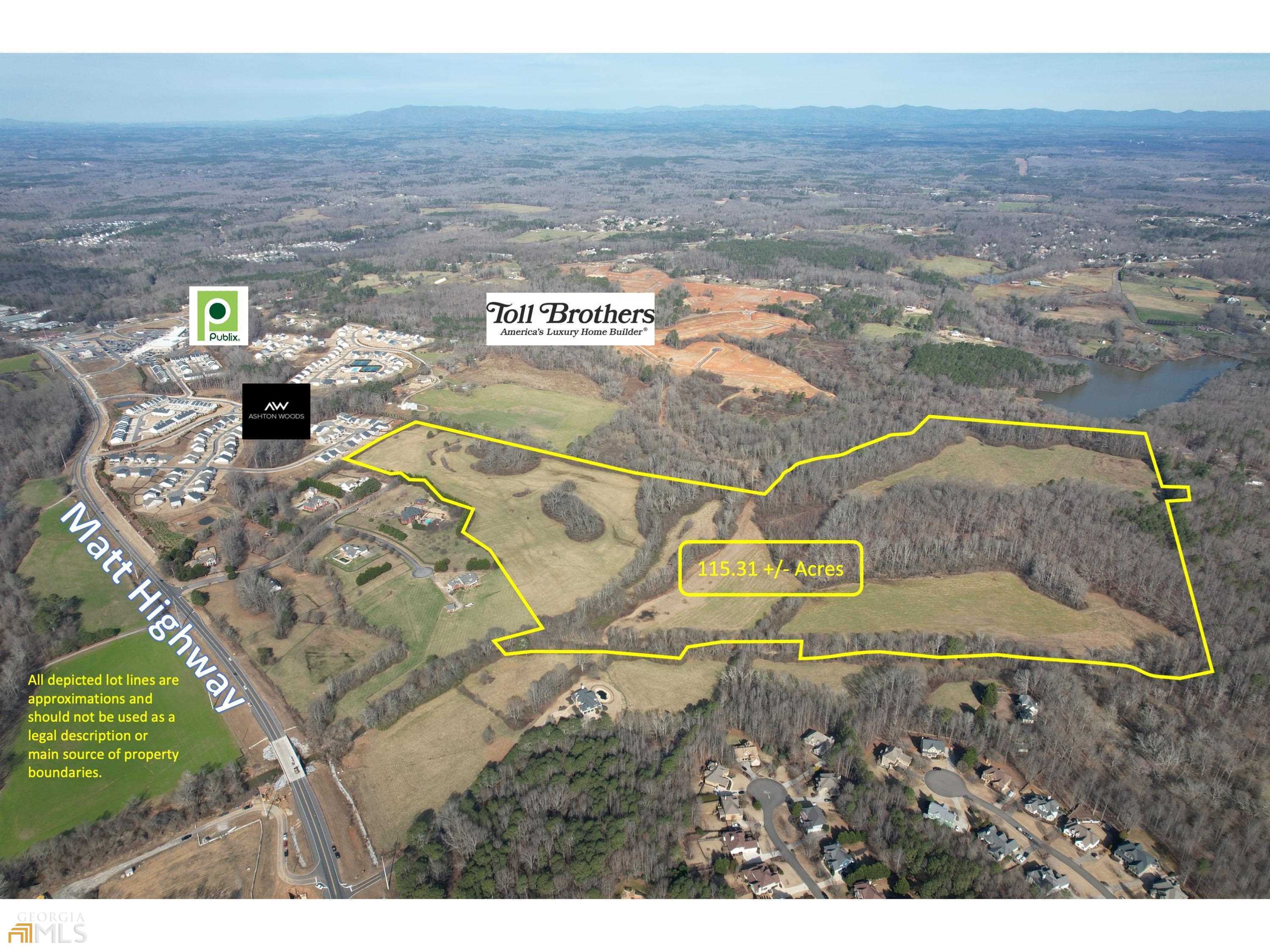 PROPERTY OVERVIEW The Norton Commercial Group is proud to present this beautiful 115.31 +/- Acre development tract known as Heardmont Farms to the market. Heardmont Farms was originally developed in 1996 as 16 estate lots (1-5 acres) with high end homes (4,000-11,000 SF) each valued at $700,000 to $1,000,000+. The topography is level to gently rolling allowing for serene views of Sawnee Mountain while deep in the heart of the newly emerging city center of Matt, Forsyth County, GA. The site is made up of about 78 acres of pasture land and about 37 wooded acres. There is roughly 2,200 feet of frontage along Settingdown Creek. Baker's Creek bisects the property making for excellent open space and adding to the parklike feel that Heardmont Farms provides. The subject property has all utilities in place including public water and sanitary sewer with 11 total manhole locations along both Settingdown Creek and Baker's Creek. A portion of the property is zoned R1R and a portion is zoned A1. Seller is willing to sell property subject to rezoning. LOCATION OVERVIEW The subject property is located in North Forsyth County which has some of the best schools in the entire state: NFHS - Top 15% , Liberty MS - Top 13% and Matt ES - Top 17% in the state of Georgia. This property is the best of both worlds as it is just 45 minutes to Atlanta, 20 minutes to the North GA Mountains and 5 minutes to Lake Lanier. GREAT LOCATION! Publix has completed new location just 0.5 miles down the road and residential development is in full swing all around. This is truly the next property to be developed as Forsyth County and the immediate area continues to be the best new home location in Greater Atlanta! Site is a direct 4 miles or 8 minutes from Georgia Highway 400 with no turns.