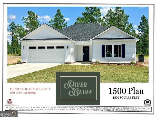 Check out this adorable & affordable 1500 plan by trusted local builder S.D. Sauers Construction! Located on half acre homesite in top selling RIVER BLUFF. Southeast Bulloch & Ellabell's affordable living community is just minutes to the Hyundai megasite, I-16, Pooler, Effingham & Bryan County in the highly rated SEB schools! Beautifully designed homes include low maintenance vinyl siding, SPRAY FOAM INSULATED ROOF DECK, brick skirt, architectural shingles, Low E vinyl windows, energy effic. systems, custom cabinetry, stainless appl pkg., spa-like baths, on half acre or larger homesite. Sod, seed, landscaping & irrigation pkg included! * LOT 177 open concept features 3 bedrooms, 2 baths, side entry garage, LVP flooring throughout common areas, oversized greatroom w/ 10ft ceiling, large kitchen w/ custom cabinetry & bright dining, private owners suite w/ walk-in closet, spacious bath w/ 72" tub w/ tile surround, covered back porch. Sits on fabulous .52 acre corner homesite. Plans/specs subject to change. $500 initiation fee and $500 mailbox fee.
