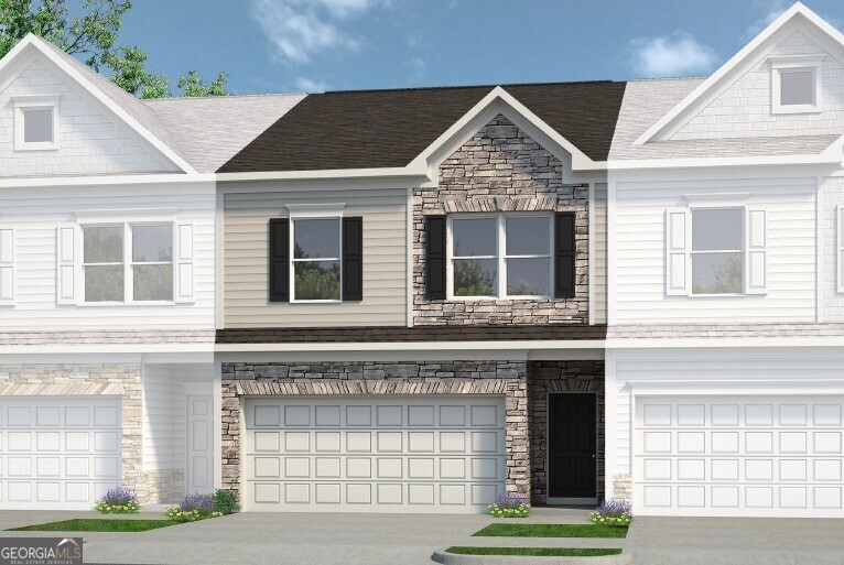 Move in Ready October! The Ellison II plan now available at Jameson Towns by Smith Douglas Homes. This 3BR/2.5BA design blends modern style with everyday functionality in an open, loft-inspired layout. Step inside through a gracious foyer that leads to a well-appointed kitchen with a huge center island, upgraded cabinetry, granite counters, tile backsplash, pantry and stainless appliances. The kitchen flows seamlessly into the great room, highlighted by a sleek linear fireplace and direct access to the rear patio and backyard. Durable vinyl plank flooring extends through all main level living spaces. Upstairs, an open iron staircase leads to the primary suite, featuring a tray ceiling, spa-like bath with dual vanity, large walk-in closet, water closet plus a garden tub and separate tile shower. Two secondary bedrooms, a shared hall bath and a convenient laundry room complete the second level. Additional features include nine ft ceiling heights on both levels. neighborhood amenities such as a planned neighborhood pool with cabana, playground and lawn maintenance included in HOA! More time for you! Photos representative of plan not of actual home. Seller incentives with use of our preferred lender.