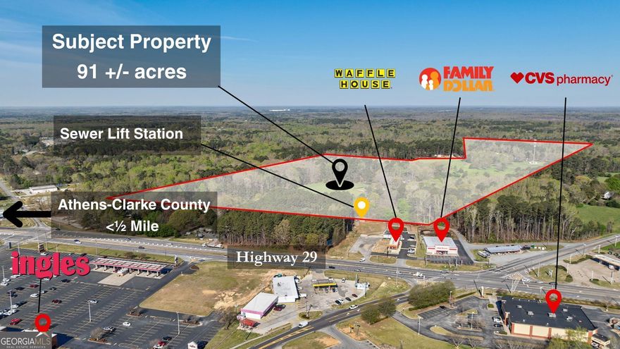 This exceptional 91+/ -acre tract in Madison County, Georgia, presents a rare and valuable opportunity for development in one of the regions fastest-growing areas. Ideally situated at the high-traffic corner of Hwy 29 and Hwy 106 in Hull directly across from Ingles and adjacent to well-known retailers like Waffle House and Family Dollar the property offers outstanding visibility, accessibility, and future potential. Located just six miles from downtown Athens and just outside Athens-Clarke County, this site is perfectly positioned to support a wide range of development options, including residential, commercial, or mixed-use projects. Athens Christian School is within a few miles and Hull-Sanford Elementary School is a stones throw. The property features a mix of open pastureland and mature woodlands, offering flexibility for various site plans. It boasts approximately 1,420 feet of frontage along Norwood Road with access from Hwy 29 through a recorded easement behind Family Dollar. Infrastructure needs are supported by potential access to up to 25,000 gallons of sewer capacity from a lift station on the adjacent property behind Waffle House. Existing improvements include two homes, a large workshop, and nine mobile homes, all currently unoccupied and ready to be repurposed or removed to accommodate future development. Madison County has experienced significant growth, with its population increasing by approximately 16.69% from 2010 to 2024, reaching an estimated 32,932 residents in 2024. The countys annual growth rate of 2.3% reflects a robust and expanding community, enhancing the appeal for residential and commercial development. With its prime location, generous acreage, strong utility potential, and the backdrop of a growing population, this tract is an ideal canvas for transformative growth in Hull, Georgia.1. 91 +/- acres of prime development opportunity, 2. Potential to access 25,000 gals of sewer capacity, 3. Wide range of development options, 4. Close proximity to Athens, Georgia