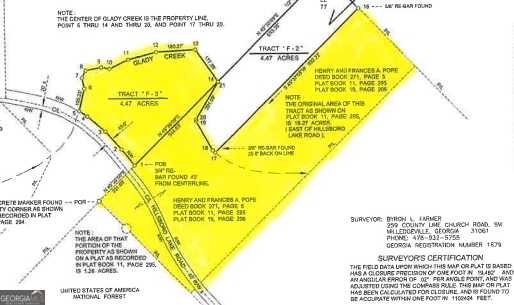 The property is located in northern Jones County east of round Oak, Georgia, and south of Hillsboro, Georgia. The track is heavily wooded with lots of mature Pines and mixed hard woods. With 985 feet footage on Hillsboro Lake Road. and borders Glady Creek for 1300 ft. Glady creek is the property line and flows through the tract. This tract is located in the heart of deer and turkey hunting country. Lots of wildlife and lots of US forest land in the immediate area and across from property. This property is enrolled in the CUVA property tax program until 2028. However, you can still build on the property. Property starts at Glady Creek...look for pink flagging. Also on this property is a 20'x40' shed/canopy with concrete flooring and an old camper. Old well and septic system. NO INFORMATION IS AVAILABLE ON THE CONDITION OF ANY OF THE IMPROVEMENTS. There is no seller's disclosure-the owners know nothing about the condition of well or septic system. A small portion of the track (1.26 acre) is across the Hillsboro Lake Road. This property sells in its ''as is'' ''where is'' condition, with no warrants given from sellers as to condition of well, septic system, camper, or shed. Any potential buyer should do their own due diligence and feel comfortable with their own findings. This property also joins 324 Hillsboro Lake Road which is also listed. For sale see listing.