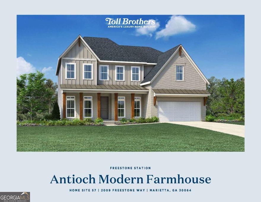 NEW TOLL BROTHERS HOME UNDER CONSTRUCTION! Open-concept living shines in the Antioch's sophisticated design. The expansive foyer opens into a bright flex room and a conversation lounge/dining room, and further beyond is a light filled soaring two-story great room. Adjacent, the well-designed kitchen is highlighted by a sizable casual dining area, rear yard access, a large center island with breakfast bar, plenty of counter and cabinet space, an ample walk-in pantry, and a butler pantry. The superb primary bedroom suite is enhanced by a splendid tray ceiling, a spacious walk-in closet, and an elegant primary bath with a dual-sink vanity, a large soaking tub, a luxe shower with seat, linen storage, and a private water closet. Secondary bedrooms feature walk-in closets and private baths. Additional highlights include a desirable first-floor bedroom suite, laundry room upstairs, convenient powder room and everyday entry, and plenty of extra storage. An easy walk to the resort-style amenities in this community will make your family feel they're on vacation year-round. Between our luxury pool, playground, park, fire pit lounge, and sidewalk lined streets there's something for everyone! Experience the luxury you've always wanted by scheduling a tour today. Freestone Station is a community of 100 homes with convenient access to shopping, dining, and top-rated Cobb County schools. Just minutes from Marietta Square, the Avenue of West Cobb, and the Battery, with easy access to the airport. Toll Brothers has been trusted since 1967 to offer the best in luxury home building. For 10 Years Toll Brothers has been ranked #1 Builder Worldwide on FORTUNE Magazine's "World's Most Admired Companies" list. Come experience the Toll Brothers difference! Please ask us about additional incentives when using Toll Brothers Mortgage.