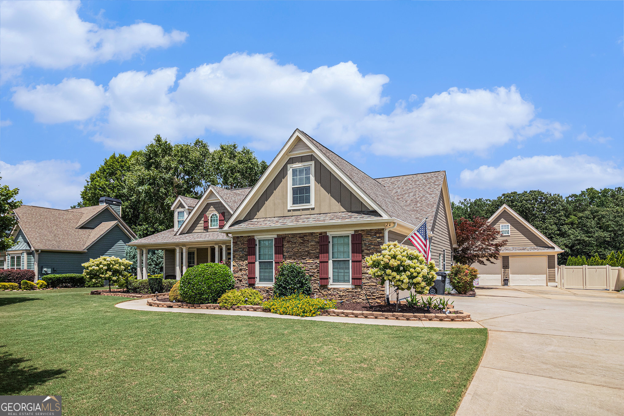 OPEN HOUSE SAT 7/19 FROM 2 - 4 (agents protected!) then limited showings until Thursday. This one has it all! Mostly one level living Craftsman style home with inground pool, detached garage with storage, porch, and an outdoor pavilion. Roof new in 2020. 4 true bedrooms ALL ON THE MAIN LEVEL, with an oversized 4-SEASONS ROOM with a cathedral ceiling just off the family room AND a flex room / bonus room upstairs that makes the perfect guest room/ office / playroom. Open concept floorplan with a nice foyer entrance opening to a Great Room with wood-burning fireplace. Formal Dining room with hardwoods, extensive trim / custom molding, and a COMPLETELY REMODELED KITCHEN with custom soft-close cabinets with lots and lots of pullouts and drawers to make accessing kitchen goods a breeze, quartz countertops, stainless appliances (all the kitchen appliances remain with the house), subway tile backsplash with decorative tile inset to show off a wood-finished vent hood. The primary suite is on one side of the house, with three spacious secondary bedrooms and Jack/Jill baths that have tile floors and custom cabinetry on the other side of the family room. Trey ceilings in Master with large, dual vanity, spa tub, and separate shower Two car, ATTACHED side-load garage, with entry into spacious laundry room. LOVE CARS OR HAVE A HOBBY? THE DETACHED 2 CAR GARAGE has added spray foam insulation in the attic for great climate-insulated storage and a CLEVER ELECTRONIC DUMBWAITER which makes accessing the storage easier since you won't have to walk up stairs with those bulky boxes for holiday decorations or other large storage items. IN GROUND SALT WATER POOL with an expanded pool deck which is large enough to accommodate PLENTY OF outdoor furniture --making this house where all your loved ones will want to be for outdoor gatherings! There's even an outdoor pavilion with solar power and an exterior big-screen TV so you won't miss the game when you're entertaining outdoors. The location is perfect, with an easy commute to I-85, Senoia, Peachtree City & Newnan. Termite bond paid through May 2026.