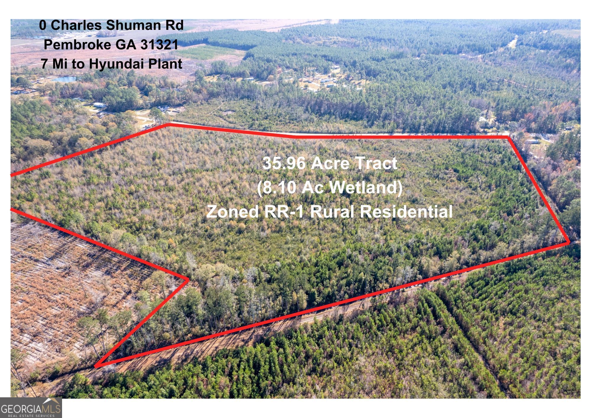 Great Development Opportunity in the Booming Area of Ellabell/Pembroke with no Re-Zoning Required, all one acre or more, with vetted, paved road ingress/egress. Survey, Wetland Updated on Survey and Preliminary Soil Analysis Report available. Approx 7 Miles from the new Hyundai Plant and supporting Businesses. 35.96 Acres Total w/ 27.86 Acres Upland (majority "X"/small portion "AE"). Beautiful Wetlands Area cover 8.10 Acres which will make for beautiful and private backyards for some of the Home Sites. Sites will utilize private wells/septic systems. Currently Zoned RR-1