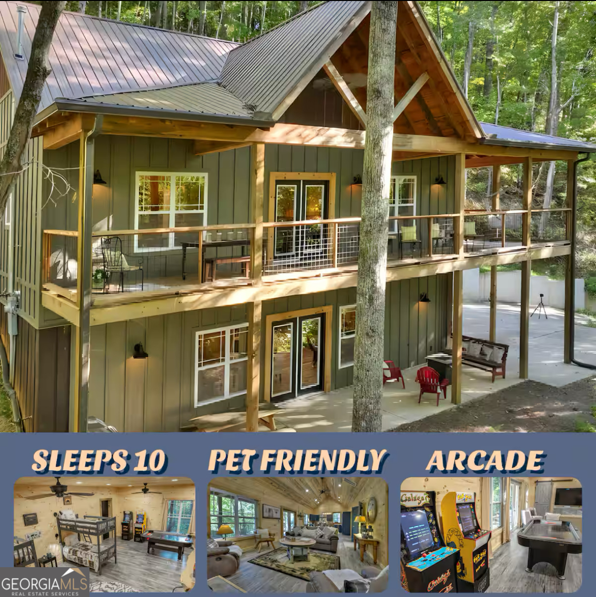 Welcome to 184 Rockhouse - where rustic charm meets modern luxury in this fully furnished, turnkey 3-bedroom, 3-bath custom craftsman cabin with outstanding rental history! Thoughtfully designed and built in 2019, this 2,240 sq ft mountain retreat includes a second living area, game room, and cozy bunk room-comfortably sleeping up to 10 guests. Nestled on a private, wooded 1.48-acre lot in the heart of scenic Cashes Valley, the property offers an exceptional blend of peace, privacy, and proven income potential. Enjoy deeded access to a stocked fishing pond and the renowned Fightingtown Creek, plus close proximity to the Benton MacKaye Trail, USFS land, and a trophy trout stream-making this a true haven for outdoor enthusiasts. Inside, you'll find vaulted ceilings, luxury vinyl plank flooring, a thermostatically controlled wood-burning stove, and a gourmet kitchen featuring leathered granite countertops, custom cabinetry, and stainless steel appliances. Unwind on the expansive wraparound porch, soak in the hot tub, or gather around the firepit under starry skies. Additional features include spa-like en-suites, a metal roof, Hardie board siding, shared well, and all major appliances included. With low taxes, no HOA, and over 73 glowing 5-star reviews, 184 Rockhouse is a rare opportunity to own a top-performing short-term rental or a stunning private escape-just minutes from Downtown Blue Ridge and Ellijay. This is more than a cabin-it's a lifestyle. Schedule your private showing today!