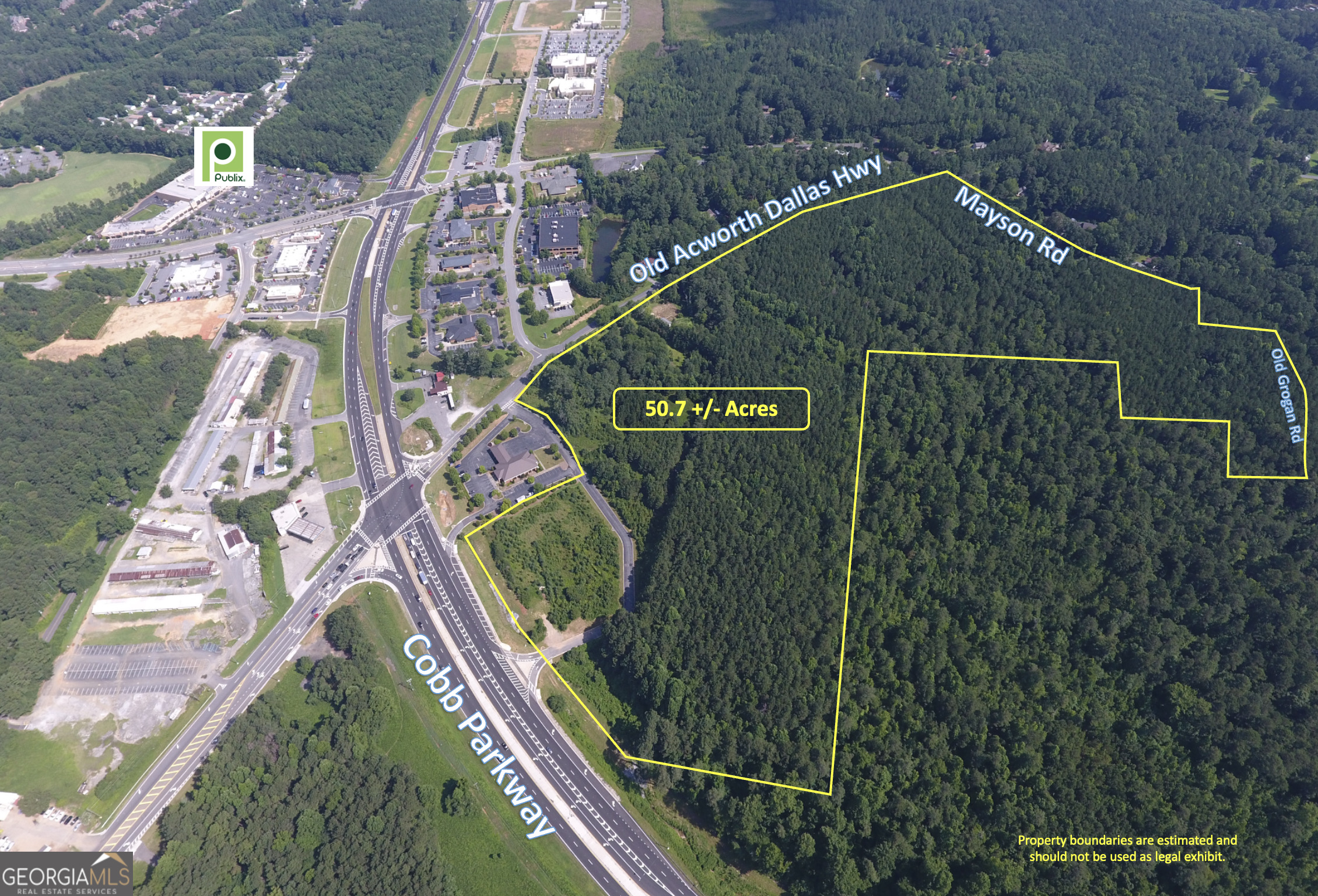 PROPERTY OVERVIEW    Norton Commercial Acreage Group is proud to present this 50.7-acre mixed-use development opportunity located at the corner of Cobb Parkway and Old Acworth Dallas Highway in Northern Cobb County within the City of Acworth. The subject property is ideally positioned for multiple uses with road frontage on 4 roads: Cobb Parkway, Old Acworth Dallas Highway, Mayson Road and Old Grogan Road. Site is currently zoned MU with residential and commercial components. Zoning resolution is available upon request. The property has all utilities in place, including public water. Public Sewer is not currently available to the site. Site has approximately 640' of road frontage on Cobb Parkway, 1,860' on Old Acworth Dallas Highway, 800' on Mayson Road and 475' on Old Grogan Road. The property has full access at Old Acworth Dallas Highway and a completed DOT-approved right-in-right out access with deceleration and acceleration lanes in place on Cobb Parkway which has traffic counts of 42,700 VPD. The property is being offered as a bulk sale. Within a 3 mile radius, the average home sale price was $447,178 over the last year with only a 1.7-month supply of houses on the market.      LOCATION OVERVIEW    Acworth is located in the foothills of the North Georgia mountains. Nestled along the banks of Lake Acworth and Lake Allatoona, "The Lake City" boasts a rich history, charming downtown, abundant outdoor recreational activities, a vibrant restaurant scene and an active festival and events calendar. Home to a population of over 22,000 residents, Acworth is one of the fastest growing cities in the metro-Atlanta region. Businesses benefit from a low tax rate and residents enjoy a high quality of life. The proximity to I-75 and major transportation corridors will allow for continued economic growth. Furthermore Acworth serves as a medical hub for surrounding communities and is a draw from neighboring counties.    Wellstar Acworth Health Park 0.6 miles - Publix, Mellow Mushroom, La Parilla 0.7 miles - Walmart 1.7 miles - Lakeside Retail Marketplace 2.9 miles - Acworth Beach 3.7 miles - Lakepoint Sports Complex 5.0 miles - Hartsfield Jackson Airport 45 miles    HIGHLIGHTS    Mixed Use Zoning in sought-after and fast-growing area  Access from 4 roads