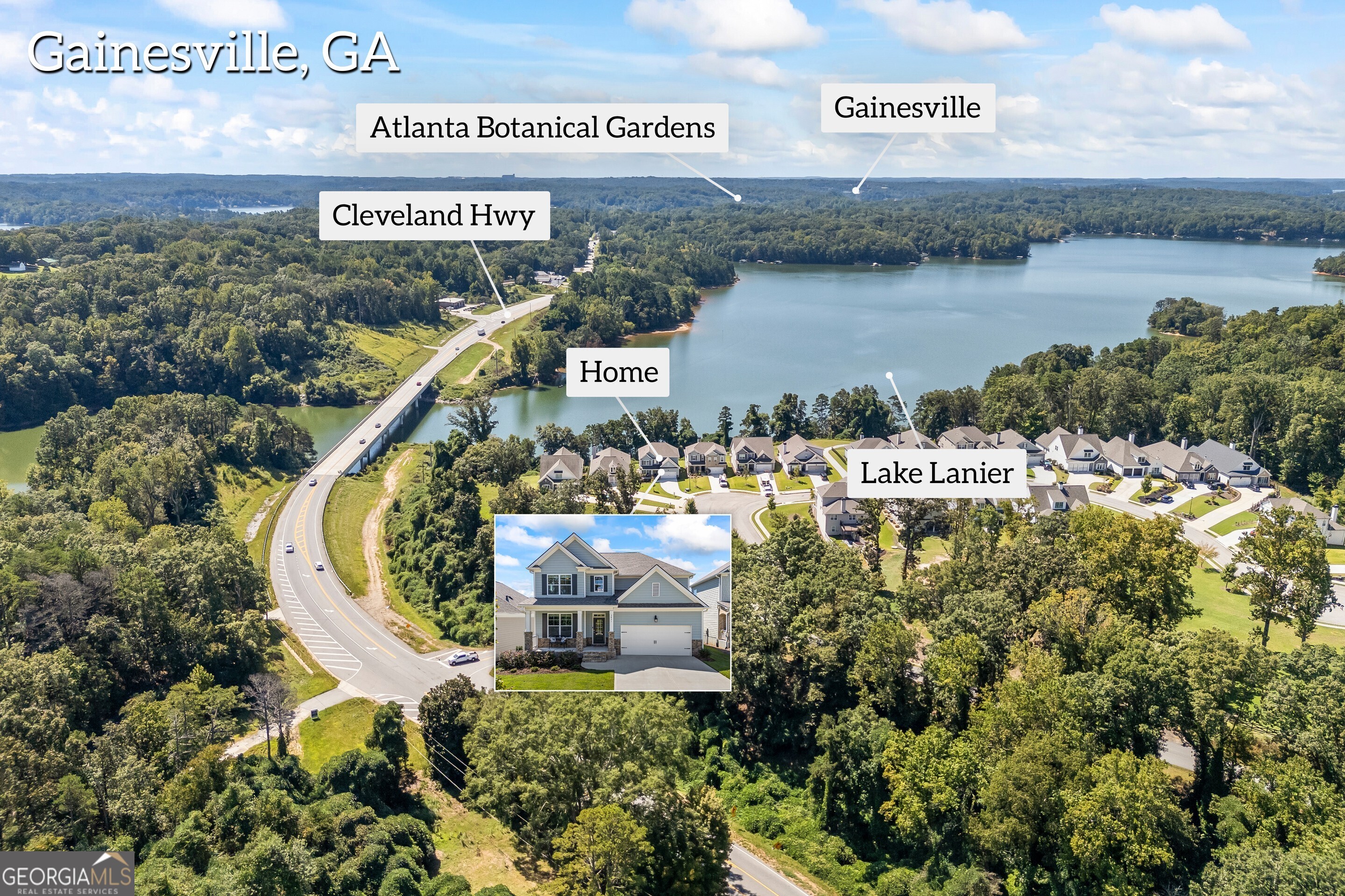 Lake Lanier Living with Deeded Boat Slip! Welcome to the Cottages of Lake Lanier, a charming, Gated community offering a picturesque lakeside lifestyle with a 2-story clubhouse, firepit, walking trails, and a 6+ acre park. This beautiful "Windsor" floorplan home showcases an open layout with a 2-story foyer and a formal dining room with French doors -- perfect as an office or flex space. Elegant coffered and tray ceilings elevate the design, while the chef's kitchen is equipped with a large island, quartz countertops, gas cooktop, 42" white cabinets, and wall-mounted microwave and oven. A laundry room on the main level includes cabinets and a utility sink for convenience. The stone wood-burning fireplace with cedar mantle is the centerpiece of the family room. The primary suite on the main level provides comfort and privacy, while the upstairs features an open loft, a second bedroom with private bath and walk-in closet, and two additional spacious bedrooms with a hall bath. Modern upgrades include smart home technology for security and efficiency. The unfinished basement offers endless opportunities for customization. Enjoy indoor-outdoor living with a screened porch and a newly installed open Deck with steps installed for easy access into the backyard. A new extended Patio and new fencing make it ideal for gatherings. Included is a deeded boat slip and pneumatic boat lift. Home provides breathtaking lake and marina views. This is not just a house; it's a tranquil lifestyle on the lake.