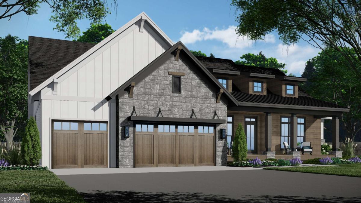 Fabulous sleek and contemporary luxury mountain-style TO BE BUILT new construction home on a premium 3.29-acre lot featuring waterfalls and converging creeks in Georgian Highlands! This home will be built by Precision Custom Home Builders, a true custom builder offering flexibility to adjust floor plans, expand living areas, and select finishes through the builder's design center. The home design blends sleek, contemporary mountain architecture with open living and thoughtful detail. A dramatic foyer leads to a spacious great room with fireplace flanked by built-ins. The kitchen is designed to impress, with a massive island that seats seven, walk-in pantry, and seamless flow to the dining area. A rear wall of windows and sliding doors open to a covered porch, extending entertainment space outdoors. The owner's suite includes dual vanities, a soaking tub, and large walk-in closet with direct laundry access. An additional bedroom, private study, and second full bath are positioned for comfort and flexibility. Everyday function is built in with a mudroom and laundry, while the 3-car garage provides premium space for vehicles, storage, or workshop needs. A covered front porch completes the inviting design. This home will include an unfinished walkout basement, offering incredible potential for future expansion-extra bedrooms, media room, gym, or hobby space. The 3.29-acre corner lot is a rare natural wonder. Two creeks converge here, creating multiple noisy waterfalls that grow larger and more magnificent as you explore deeper into the property. Gentle terrain at the entrance provides an easy build site, while the land transitions into rolling and steep terrain that frames the waterfalls. The soothing sound of rushing water can be heard throughout, making this homesite truly one-of-a-kind. Georgian Highlands is a gated luxury mountain community located in the North Georgia Blue Ridge Mountains along the Burnt Mountain Range. Roads meander through a deciduous forest with a state park feel. It is a well-maintained neighborhood that values mountain stewardship and respects the abundant wildlife that live here. No rentals are allowed in this community, preserving its quiet residential character. Estate-sized lots, preserved hardwoods, and private surroundings create a rare balance of privacy and natural beauty. The community is approximately 20-25 minutes to Jasper and Ellijay, and about 1 hour to the greater Atlanta perimeter, offering both convenience and escape. This is a preconstruction listing. Buyers may tailor the design before construction begins. Renderings are representative only. Staged interior images/renderings do not show actual furnishings, decor, or materials. If you love the finishes, ask about available options at your construction appointment. Terrain and satellite imagery are for reference only and not a survey. Exterior home design, location, and vista pruning must be approved by the HOA Architectural Committee. Build time is projected at approximately 12 months after contract closing.