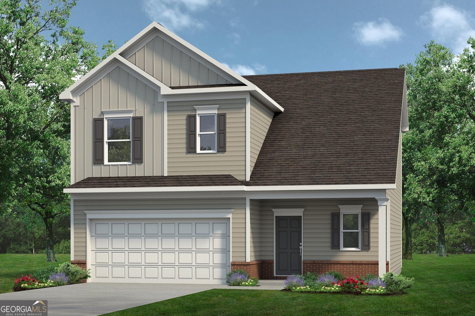 Move in Ready November 2025! The Lawson plan by Smith Douglas Homes in the new community, Bryson Farms. This floor plan features 3 spacious bedrooms, 2.5 bathrooms, and offers 1,650 square feet of living space. The 2-car garage provides ample room for both vehicles and extra storage. On the first floor, you'll find a seamless layout, enhanced by durable LVP flooring that flows throughout. The kitchen is a standout, featuring upgraded cabinetry, elegant granite countertops, and a stylish kitchen island with pendant lighting. From the island, you can enjoy a view of the beautiful linear fireplace that graces the Family Room. Upstairs, the Owner's Suite offers a peaceful retreat, complete with double vanities, a separate garden tub, and a shower. After a long day, relax and unwind on the expanded patio that overlooks the serene backyard. Photos representative of plan not of actual home. Our decorated Model Home and Sales Center is now open daily Mon, Tues, Thurs, Fri, Sat (10am-6pm); Wednesday (1pm-6pm); Sunday (1pm-6pm). Come visit us today!