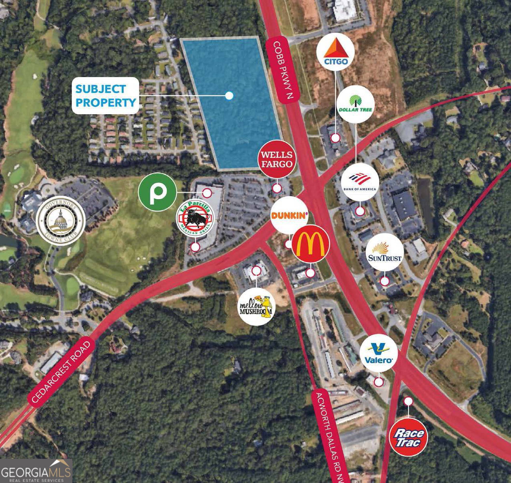 11.07 Acre site on North Cobb Parkway at Cedarcrest Road. 1000' of linear frontage along Highway 41/N Cobb Pkwy NW. Across from Wellstar Hospital and adjacent to Publix at The Shops at Governors Corner. Average daily traffic count 33,000.