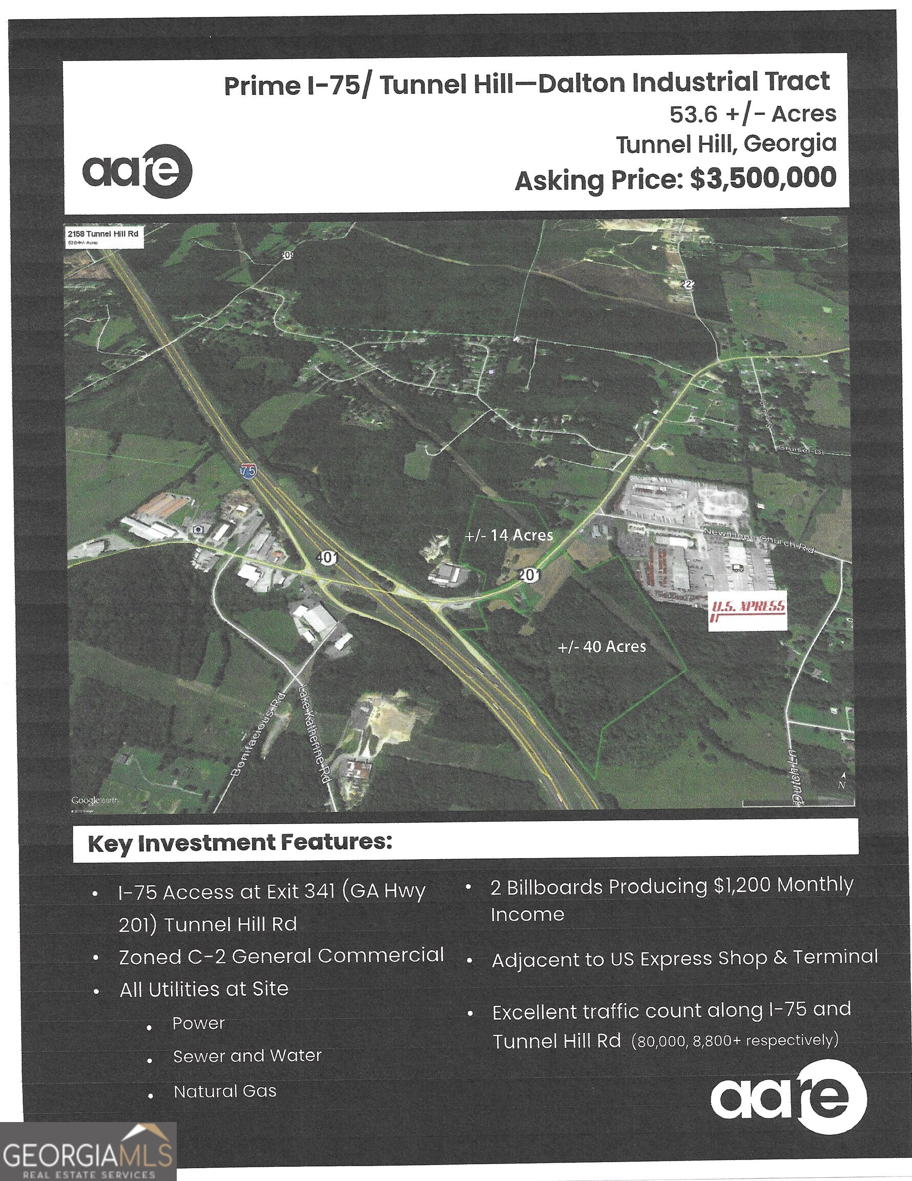 THIS PROPERTY IS LOCATED ON THE TUNNEL HILL VARNELL EXIT BORDERS US XPRESS AND HAS A MONTHLY INCOME OF $1200. BILLBOARDS PERFECT FOR INDUSTRIAL AND DISTRIBUTION LARGEST TRACK AVAILABLE BETWEEN CHATTANOOGA AND ATLANTA WITH ALL UTILITIES