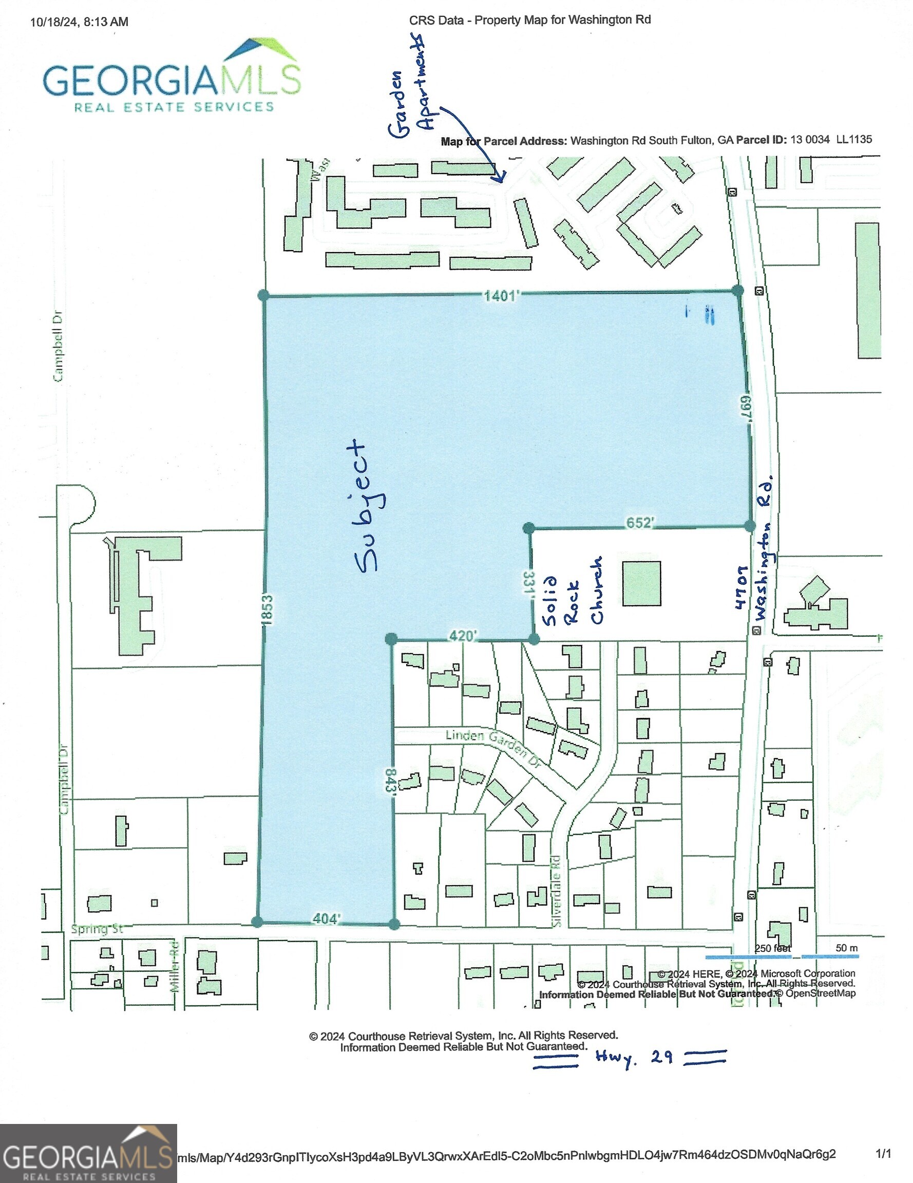 RARE FIND! 38.94 Acres perfectly situated between Hwy 29 and I-285, just minutes from Hartsfield-Jackson and Camp Creek Parkway Shopping District! Suitable for a variety of uses including Commercial, Apartments. and Churches. Golden opportunity!