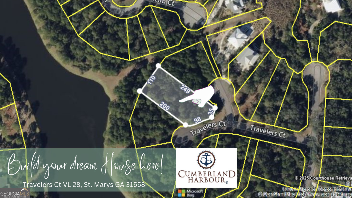Build your dream home in one of St. Marys most desirable gated communities, Cumberland Harbour. This near-rectangle 0.61-acre wooded lot on a cul-de-sac offers privacy by being off the main path in and out of the neighborhood. The lot is located near the front of the neighborhood with views of one of the tranquil reflection ponds with a fountain and convenient access to the recreation center. All 9 ponds are stocked with fish, and several have pavilions or docks to enjoy a covered water view or cast a line. As the southernmost deepwater-access community on Georgia's coast, Cumberland Harbour provides direct proximity to the Intracoastal Waterway (ICW), perfect for boating and outdoor enthusiasts. History is everywhere in St. Mary's, and Cumberland Harbour is no exception, playing a strategic location and thus a noted role in America's formative years. Enjoy access to community amenities including multiple pools, tennis and pickleball courts, a newer day dock, walking trails, a summer kitchen, and a well-equipped fitness center. Whether for a weekend retreat or a full-time residence, this lot offers a peaceful setting in a growing coastal community. As close to Florida as you can live without crossing the state line. How close is it? You can see Amelia Island from the neighborhood vistas as well as Cumberland Island, which is one of Georgia's National Seashore locations. Cumberland Harbour is directly behind this barrier island, which adds a layer of storm protection. 35 minutes to Jacksonville International Airport, the Mayo Clinic, and world-class shopping. St. Marys is bookended by the resort islands of St. Simons Island, Jekyll Island, and Fernandina Beach's Amelia Island. These beaches are 35-40 minutes by car, and it's been announced that a daily ferry boat has been approved. What's keeping you...hurry up and get started on your next lifestyle adventure.