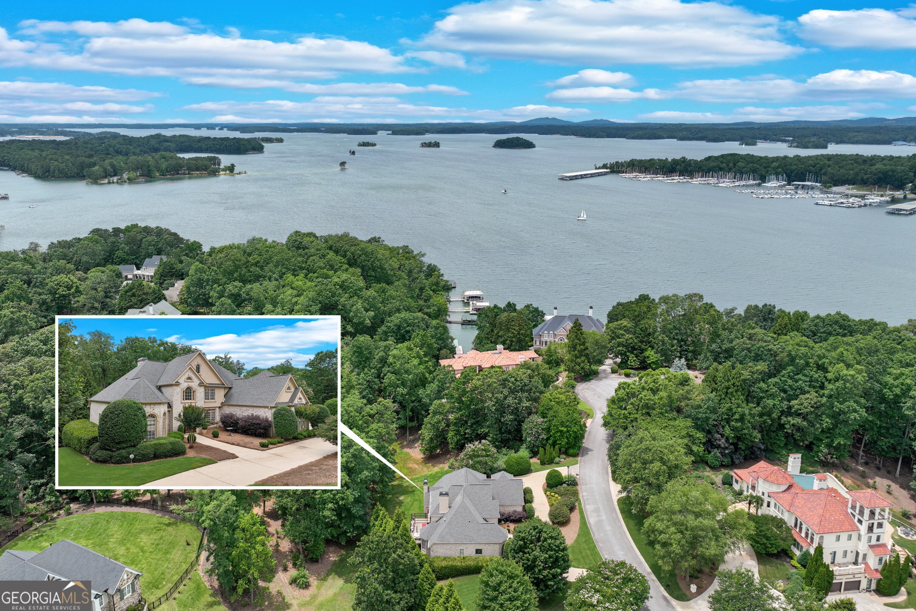 Rare Southern Lake Lanier Opportunity in Prestigious Pointe South Welcome to one of the largest lots in Lake Lanier's prestigious Pointe South neighborhood. This exceptional 2.46-acre corner estate includes two platted lots, a dock and offers a rare 159.65 feet of prime water frontage along some of the lake's most beautiful and navigable waters - ideal for sailing, relaxing, or entertaining lakeside. Set among luxury homes, this estate stands out with its lot size, privacy, and potential. The sprawling side yard, located just beyond the terrace-level covered patio, would be the perfect setting for a resort-style swimming pool - a dream addition to this already spectacular property. The home is a timeless four-sided brick European-style residence featuring two finished levels and a partially finished terrace level. The main floor is designed for both comfort and elegance, with a soaring two-story great room with a fireplace, formal dining and office spaces, a spacious primary ensuite with direct deck access, and a bright, open-concept kitchen, breakfast, keeping room, powder room and laundry room. Upstairs, you'll find three large bedrooms, two full baths, and a versatile bonus room ideal for guests, a playroom, or creative space. The terrace level is already equipped with heating, air, plumbing, electrical, and some drywall - offering a blank canvas for your custom design. A second great room with walk-out access to the patio, game room, bedroom, office, full bathroom (plumbing has been installed) and potential kitchen await your finishing touches. Whether you envision a full guest suite, entertaining area, or private retreat, this level is ready to become whatever you imagine. A gentle, landscaped path leads to your private dock, where lake adventures await - from jet ski trips to sunset cruises and visits to nearby lakeside dining spots. This golf-cart-friendly path adds ease and charm to daily lake living. Located just minutes from Downtown Gainesville, Northeast Georgia Medical Center, I-985, and the vibrant shopping and dining scenes of Flowery Branch and Buford, this estate offers the perfect blend of privacy and convenience. Don't miss this rare opportunity to own one of Pointe South's most significant and versatile lakefront properties. Whether you're seeking a move-in-ready home with expansion potential or a premier lot to design your custom legacy estate, this is the one. Schedule your private tour today. *Please Note: Pool and the finished Terrace level photos are a virtual rendering to show an example of what could be done with these spaces.
