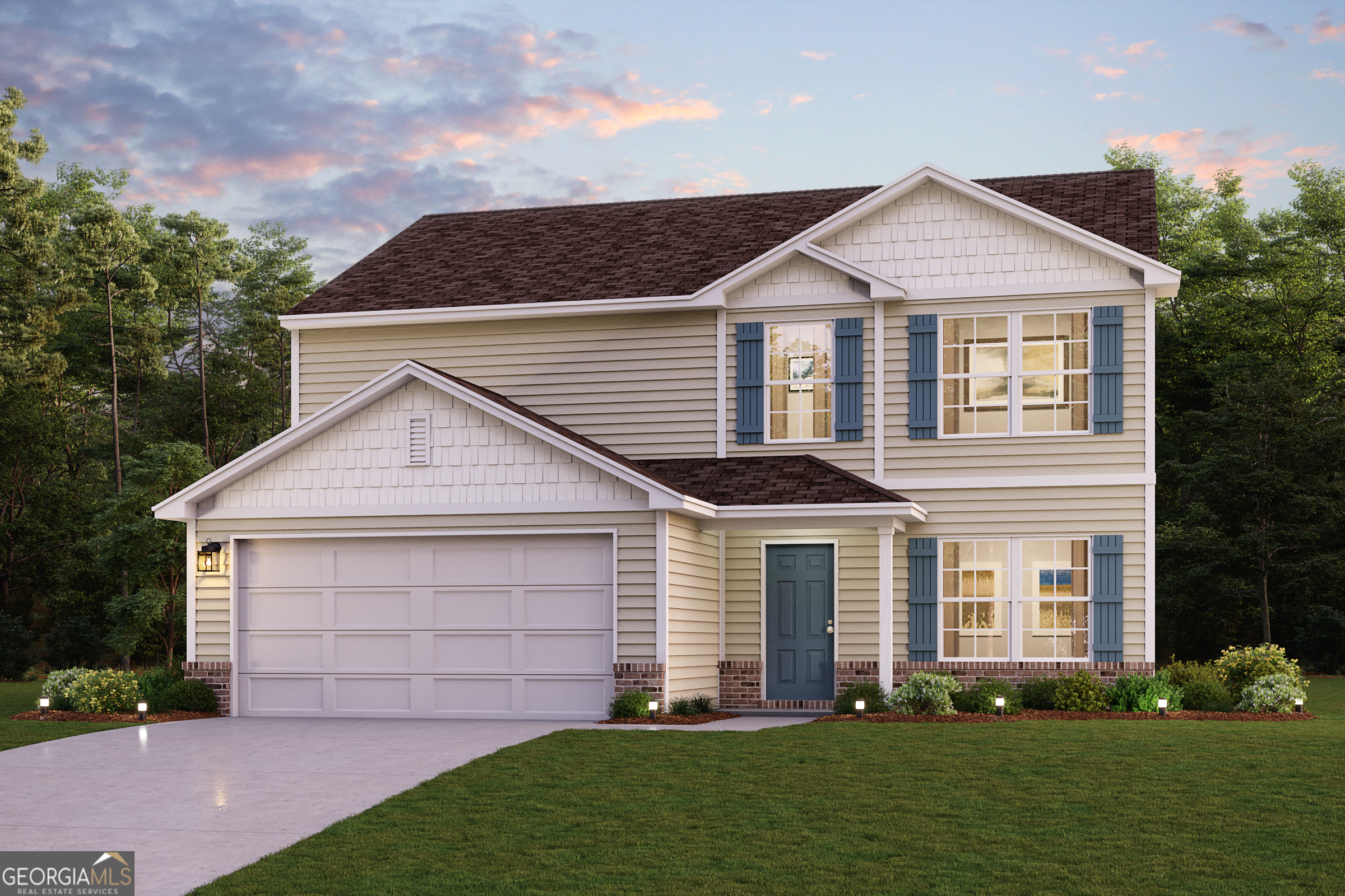 Welcome to your dream home in the The Villages at Huntcliff. Welcome to the Gardner Plan a very elegant two-story home designed for both comfort and versatility. The chef's kitchen is a highlight, featuring stylish cabinetry, granite countertops, and stainless steel appliances, including an electric smooth-top range, over-the-range microwave, and dishwasher. The main floor includes a flexible space and a guest suite with a spacious walk-in closet. The oversized primary suite upstairs offers a serene retreat with a private bath and expansive walk-in closet. Additional features include a 2-car garage, and energy-efficient Low-E insulated dual-pane windows.