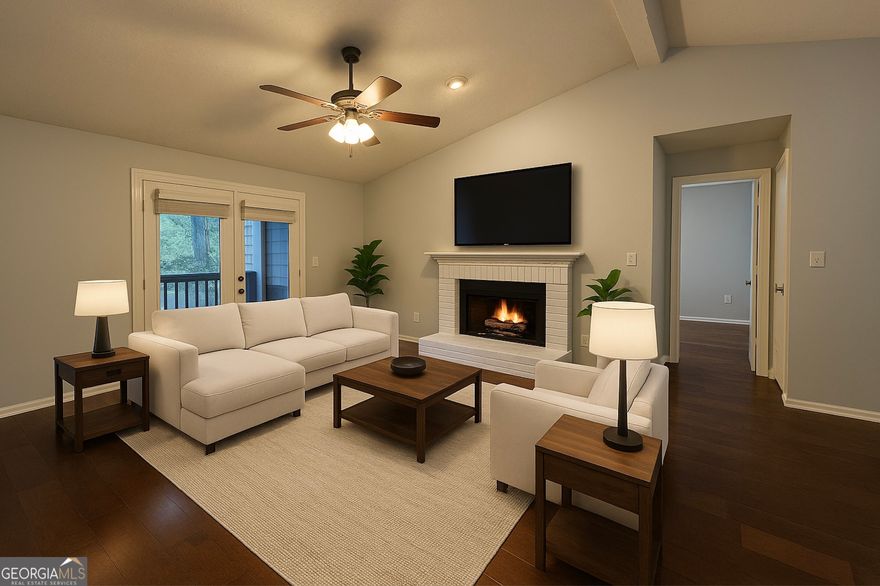Amazing opportunity for investors or homeowners to live in one of the best locations in Roswell. This beautiful condo offers the opportunity to live in the heart of Historic Roswell, just minutes to dining, shops, parks, Roswell Riverwalk trail system, Chattahoochee River, festivals like Alive in Roswell, the nightlife on Canton Street (downtown Roswell) and don't miss the NEW Roswell Junction Food Hall just a short walk away with dining, live music and outdoor patio. Great room with Cathedral Ceiling features wood floors throughout entire living area. Kitchen has black appliances, tile floors, laminate counters and timeless oak cabinetry. There is a large laundry room off the kitchen with lots of shelving and can be utilized as a walk-in pantry. The 2 spacious bedrooms are perfect for roommates, both with walk-in closets, private bathrooms and split on either side of the condo offering privacy. Enjoy peaceful evenings on the  covered deck with fantastic views of the pool. Enjoy the use of the community saltwater pool and gas grill located at end of cul-de-sac on Warm Springs.  Roof 5 yrs. HOA fees cover roofs, termite coverage, water/sewer, trash/recycling. Come enjoy the low maintenance lifestyle this condo has to offer!