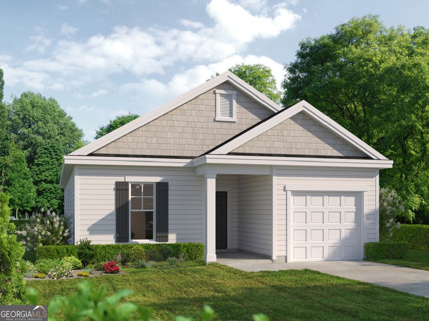 This 1565 square foot single-story home boasts an open concept layout, seamlessly integrating living, dining, and kitchen areas, perfect for modern living and entertaining. The master suite, a luxurious retreat, features a spacious bedroom, an en-suite bathroom with dual vanities, and a large walk-in closet. Two additional bedrooms, comfortably sized, share a well-appointed second full bathroom. A dedicated laundry room adds convenience. Large windows throughout the home ensure ample natural light, enhancing the sense of space. The design also includes a one-car garage, providing storage and parking space. The floor plan is thoughtfully laid out to maximize both functionality and comfort, making it an ideal choice for families or those seeking a blend of style and practicality in their living space.