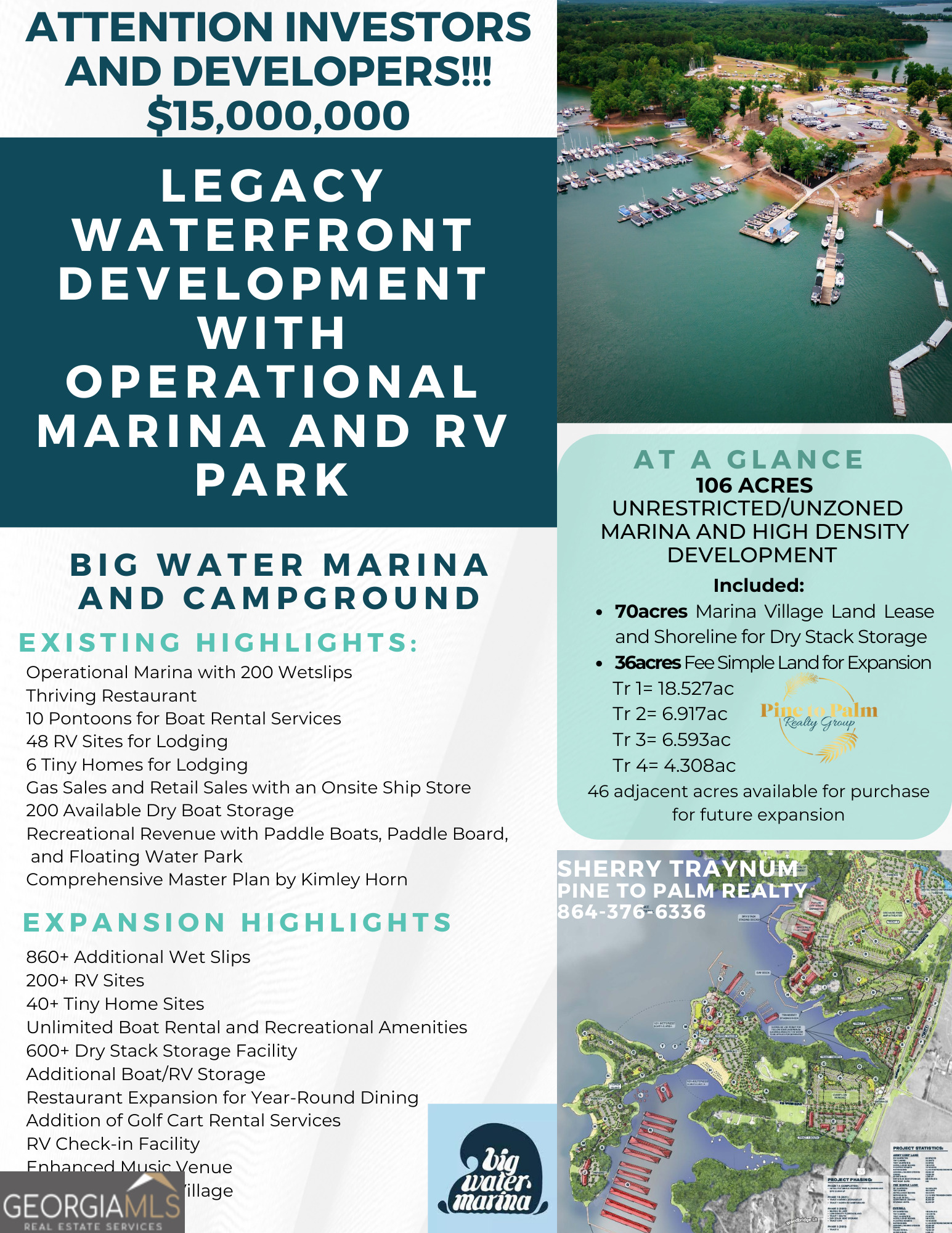 Introducing Big Water Marina and 106-acre Lakeside Resort Destination Development: your exclusive invitation to a 106-acre utopia nestled along the serene shores of Lake Hartwell. Prepare to be captivated by a world where opulence meets opportunity at every juncture. Step into a realm of unparalleled luxury and boundless potential. Big Water Marina isn't just a destination-it's a sanctuary of indulgence and promise. From its thriving marina and relaxing dining experiences to the snug embrace of its campgrounds and whimsical tiny home village, every facet radiates with possibility. But this is only the beginning of your adventure. Envision yourself as the visionary behind this waterfront masterpiece, not confined to the 70-acre lease of the marina but with the tantalizing prospect of expanding across an additional 36 acres along Big Water Rd and Hwy 29S. Here, your imagination knows no bounds, whether you dream of crafting an exclusive resort, a bespoke residential enclave, or a bustling commercial epicenter. Big Water Marina is more than just a property-it's a dynamic engine of revenue streams, ripe for expansion at every level. From 200 slip rentals to captivating boat charters, from cozy RV sites to enchanting tiny cottages, every corner brims with untapped potential. And with the added convenience of gas pumps, a boutique retail haven, and ample boat storage, your guests' every desire is catered to with effortless grace. Yet amidst this thriving hub of activity lies a hidden treasure: Florida Island, a pristine sanctuary encompassing 30 acres within the marina lease. Here, the canvas of possibilities stretches as far as the eye can see. Whether you envision expanding with additional RV sites, curating an intimate boutique hotel retreat, or preserving its natural splendor as a haven for all, the choice is yours to make. Beyond the gates of the marina lies a further 36 acres of promise, with the tantalizing option to acquire an additional 46 acres of lakefront property. This seamless transition into the heart of the action offers a gateway to unparalleled opportunity. Whether you seek to provide a welcoming portal to the marina or cultivate long-term lodging options, this parcel holds the key to unlocking Big Water Marina's full potential. This is more than just an investment-it's the birth of a legacy. As the proud steward of this slice of paradise, you'll not only cultivate generational wealth but also bask in the timeless allure of lakeside living. Welcome home-to a realm of endless possibilities, boundless beauty, and a lifetime of memories waiting to be forged.