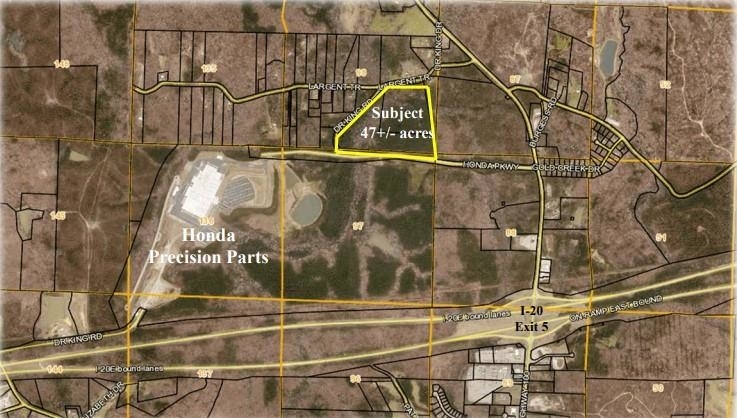 •Industrial development tract between Honda and I-20 •47.5 acres, 30+ acres buildable after stream buffer deduction •1,900+ ft frontage on Honda Parkway •All city utilities available •Area designated as industrial by county and City of Tallapoosa •Tax incentives available for development and job creation •Sellers will divide as necessary •Secondary access from Largent Trail via GA Hwy 100 •Minimal rock or water problems •Dirt to balance for several mid size sites •List price $10,500/ surveyed acre for larger tracts