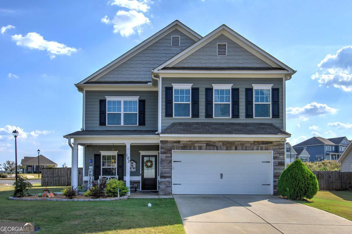 Welcome home to this stunning 4-bedroom, 2.5-bath residence! Perfectly designed for family living, the spacious open-concept layout offers a beautiful kitchen with abundant cabinetry, gleaming granite countertops, a breakfast bar, and a cozy breakfast area that flows seamlessly into the living room with a fireplace. A versatile formal dining room also works perfectly as a home office. There is also a half bath on this main level for your guests. Upstairs, you'll find four generously sized bedrooms and two full baths. The oversized primary suite features a spa-like ensuite bath and a huge walk-in closet complete with a professionally installed organization system. Step outside to a fully fenced backyard with a privacy fence, covered porch, and an expansive concrete patio-ideal for outdoor entertaining. Just a short walk to the community pool and amenities, this home is also conveniently close to schools and shopping yet tucked away in a setting that feels both peaceful and inviting.