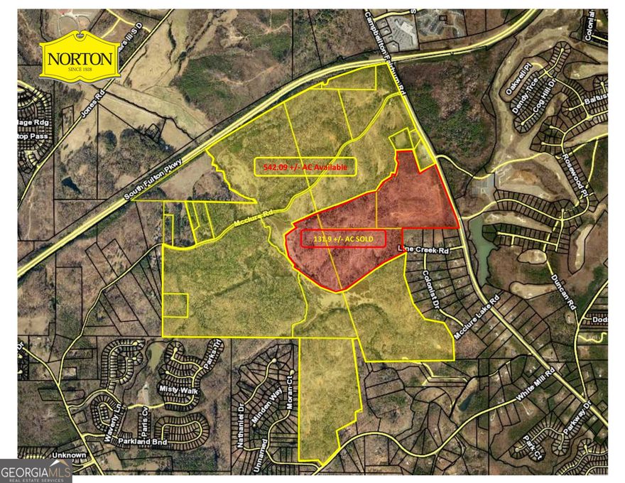 The perfect site for the next tech hub of the south just 10 minutes from the Busiest Airport in the World!    PROPERTY OVERVIEW  542.09+/- Acres located at Southwest Corner of major intersection of South Fulton Parkway and Highway 92 (Campbellton Fairburn Road). Largest contiguous tract available along corridor and this close to Hartsfield-Jackson International Airport. Zoned TCMU with all utilities available. Over 1 Mile of Frontage on South Fulton Parkway. Over 2,000 Feet of frontage on Highway 92. Road frontage on White Mill Road to the south and McClure Road through property.    LOCATION OVERVIEW  542.09 +/- Acres of land zoned TCMU (Town Center Mixed Use) located at the southwest corner of South Fulton Parkway and Highway 92 in Union City. South Fulton Parkway serves as a major thoroughfare connecting West Point, Troup County, throughLaGrange, paralleling I-85 to the west, through portions of Coweta County and Fulton County crossing I-285 west of Hartsfield-Jackson Atlanta International Airport. Just over a 10 minute drive to the airport! Portions of South Fulton Parkway are included as part of the National Highway System, a system of roadways important to the nation's economy, defense, and mobility. The subject property is located between two master planned communities totaling over 2,000 residential units.