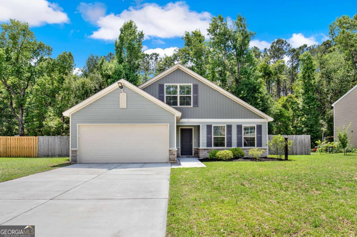 Seller offering 8k in buyer incentives!!! Welcome to this versatile and beautifully maintained 4-bedroom, 2-bath home that perfectly blends comfort, style, and functionality. Youll love the open layout with vaulted ceilings and dark oak LVP flooring that runs throughout the main living areas. The kitchen features granite countertops and flows right into the living and dining spaces-great for hosting friends and family. The master bedroom is a nice retreat with a spacious walk in closet, the bathroom includes double vanities and a walk-in shower. Three additional bedrooms give you options for kids, guests, or a home office. Step outside to the extended, covered back patio perfect for relaxing or grilling. The backyard backs up to a wooded lot, giving you some extra privacy. Plus, theres an irrigation system already in place, and a storage shed for your tools and outdoor gear.