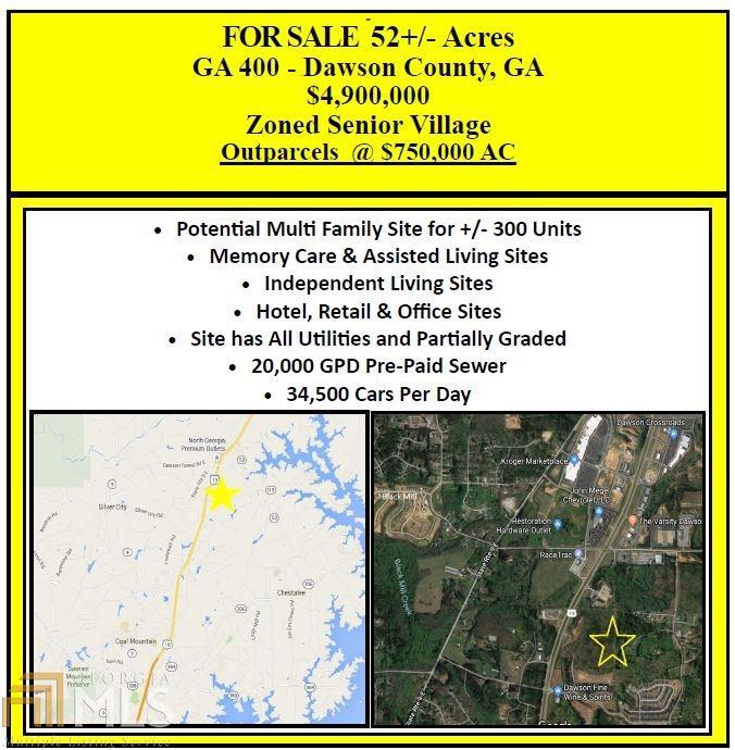 52 +/- acres for mixed use on GA Highway 400. MULTI FAMILY POTENTIAL for 300 +/- units. Retail sites and outparcels. Potentially hotel, office, big box retail sites. 20,000 GPD pre paid sewer. Site has all utilities and is partially graded.