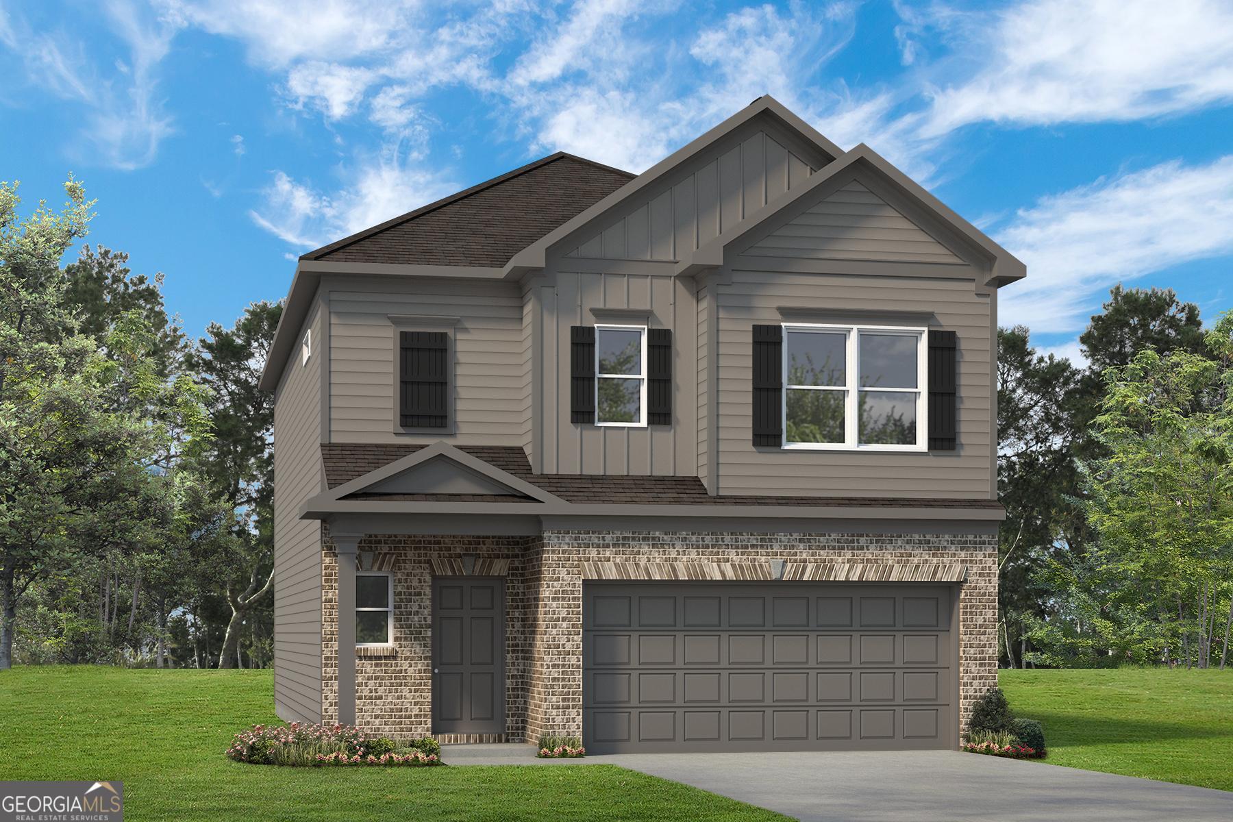 Move in Ready September 2025! The Braselton II plan by Smith Douglas Homes in the new community, Trellis Park. This beautiful home features a rear corner covered patio, easily accessible from the light-filled family room, which is enhanced by a sleek linear fireplace. The open-concept layout includes a spacious eat-in kitchen with upgraded cabinetry, granite countertops, and a large island that overlooks the family room-perfect for entertaining guests. Throughout the main level, luxury vinyl plank flooring adds a touch of elegance and continuity. Upstairs, a generous loft provides separation between the private owner's suite and two secondary bedrooms. The owner's suite is a true retreat, complete with a massive walk-in closet and a luxurious bathroom featuring double vanities, a soaking tub, and a separate shower. Photos representative of plan not of actual home. Our decorated Model Home and Sales Center is now open daily Mon, Tues, Thurs, Fri, Sat (10am-6pm); Wednesday (1pm-6pm); Sunday (1pm-6pm). Come visit us today!