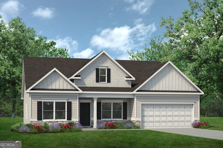 Move in Ready December! The Avery one of Smith Douglas Homes' most popular ranch-style plans, available in Jones Ridge! This best-selling design features three spacious bedrooms and three full bathrooms, offering a perfect blend of open-concept living and private retreats. The family room featuring a gas fireplace, flows seamlessly into kitchen and breakfast area. The covered patio has an uncovered extension for grilling and is ideal for relaxing or entertaining outdoors. The primary suite, located at the rear of the home for added privacy, includes direct access to an expansive mudroom just off the garage entrance - perfect for keeping things neat and organized. The kitchen boasts a large island, tile backsplash, 42" upper cabinets, Quartz counters, and upgraded appliances, creating a space that's as functional as it is beautiful. One of the secondary bedrooms is a junior ensuite. Luxury Vinyl Plank flooring runs throughout the main living areas,laundry and baths, upgraded lighting, while Smith Douglas signature 9ft ceilings enhance the spacious feel of the home. Photos representative of plan not of actual home under construction. Seller incentives with use of preferred lender!!!
