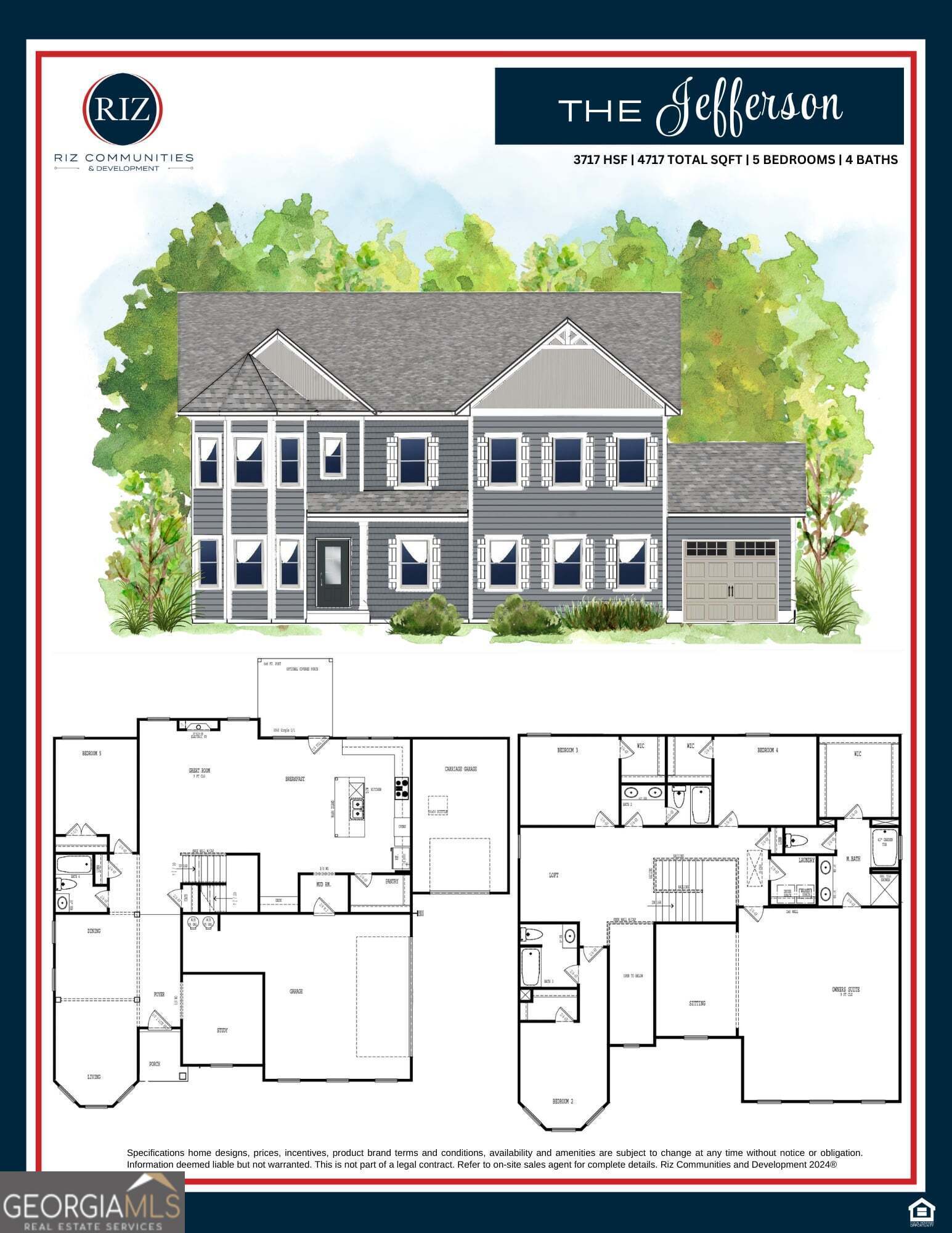 Welcome to The Jefferson! An exquisite 5-bedroom, 4-bath home offering 3,717 sq ft of thoughtfully designed heated living space. From the moment you enter the grand foyer, you're greeted by a warm, inviting atmosphere that sets this home apart. The spacious great room, anchored by a cozy fireplace, is perfect for gathering with loved ones or unwinding after a long day. Just off the main living area, a charming sitting room offers a peaceful retreat-ideal for reading, relaxing, or enjoying meaningful conversation. The gourmet kitchen features an oversized island and seamlessly connects to the dining and living areas, making it the heart of the home for entertaining and everyday living. Upstairs, a versatile loft provides the perfect space for a media room, play area, or home office. The expansive owner's suite is a true sanctuary, complete with a private spa-style bath and dual walk-in closets. Step outside to the covered porch to enjoy fresh air and serene moments-whether it's your morning coffee or a quiet evening under the sky. Every inch of the home is designed with comfort, lifestyle, and future potential in mind. Come see it for yourself-this could be the dream home you've been waiting for! Incentives are available to utilize towards closing costs and/or rate buy down with the use of our preferred lender. Hurry this one won't last!