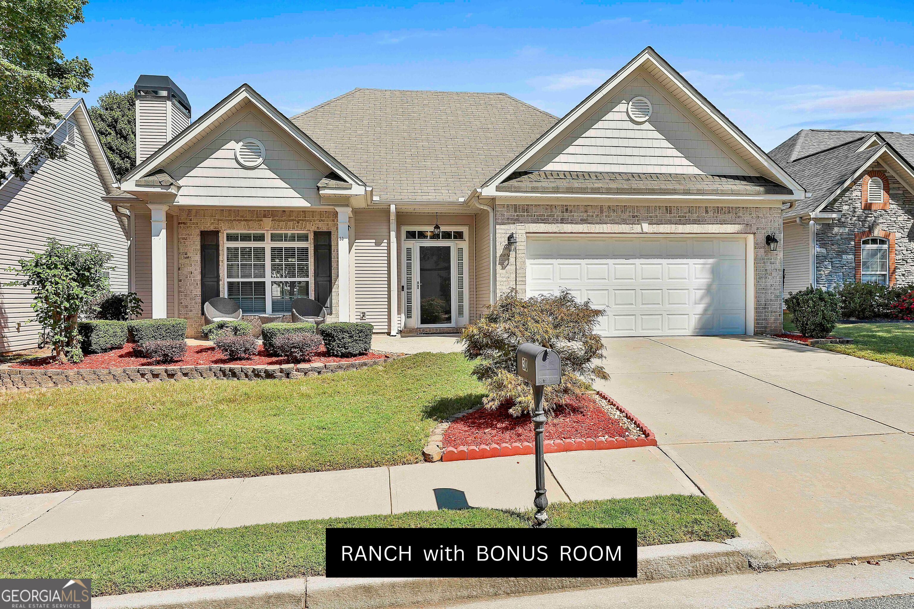 Looking for a spacious ranch-style home with a bonus room? This charming 3-bedroom, 2-bath property with an adorable fenced backyard has it all! Open House Sunday, Sept. 14th from 12-2. The kitchen features rich pecan cabinetry, solid surface countertops, black appliances, and a convenient bar with a pass-through view into the large great room with a cozy fireplace-perfect for entertaining.The main level offers a large primary suite with a double tray ceiling, walk-in closet, and a spa-like ensuite boasting double vanities with granite countertops, a separate shower, and an oversized garden tub. Two additional bedrooms, another full bath, a laundry room, and an attached 2-car garage complete the main level. Upstairs, you'll find a versatile bonus room-ideal as a second living area, home office, or even a 4th bedroom. The master suite opens directly to the backyard patio, creating the perfect spot for morning coffee or evening relaxation. Subdivision has amenities pool, playground & park. All Near hospital - medical hub - grocery - shops & restaurants. Super great Access to I-85 & Atlanta airport!