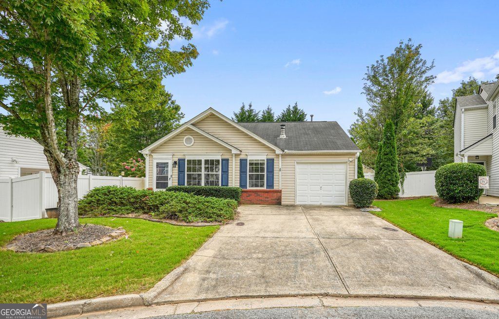 This spotless cozy and quaint home features a bright, open floor plan with vaulted ceilings, wood-like floors throughout, and a cozy fireplace in the living room. The remodeled kitchen boasts custom cabinetry, a gas range, built-in microwave, and breakfast nook, plus French doors that open to the backyard. The spacious full bath offers an updated vanity, mirror, and vaulted ceiling. The primary bedroom is perfectly situated for convenient one-level living. Step outside to your own private oasis - an incredibly large, flat, fully fenced backyard with professional landscaping, fruit trees, and a cool covered patio, perfect for relaxing or entertaining. Additional highlights include a cul-de-sac location, low-maintenance exterior, 1-car garage with sealed floor, and storage building. Located in a sought-after swim/tennis community with great schools, and no rental restrictions. This is a true gem, so hurry!
