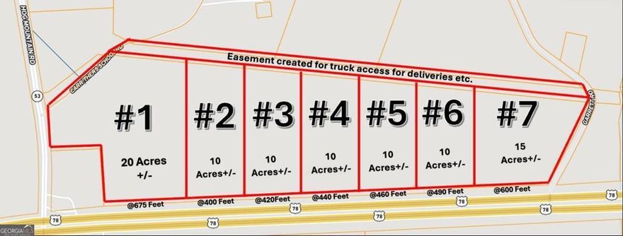 Vacant land has mIxed use opportunity with frontage on both Highway 53 (550' of frontage) and Highway 78 (3500' of frontage) Located just 13 miles from UGA. This location has water and sewer within 600 feet of the site. the topography is as level as they come! This parcel can be subdivided if necessary. AREA IS GROWING FAST.