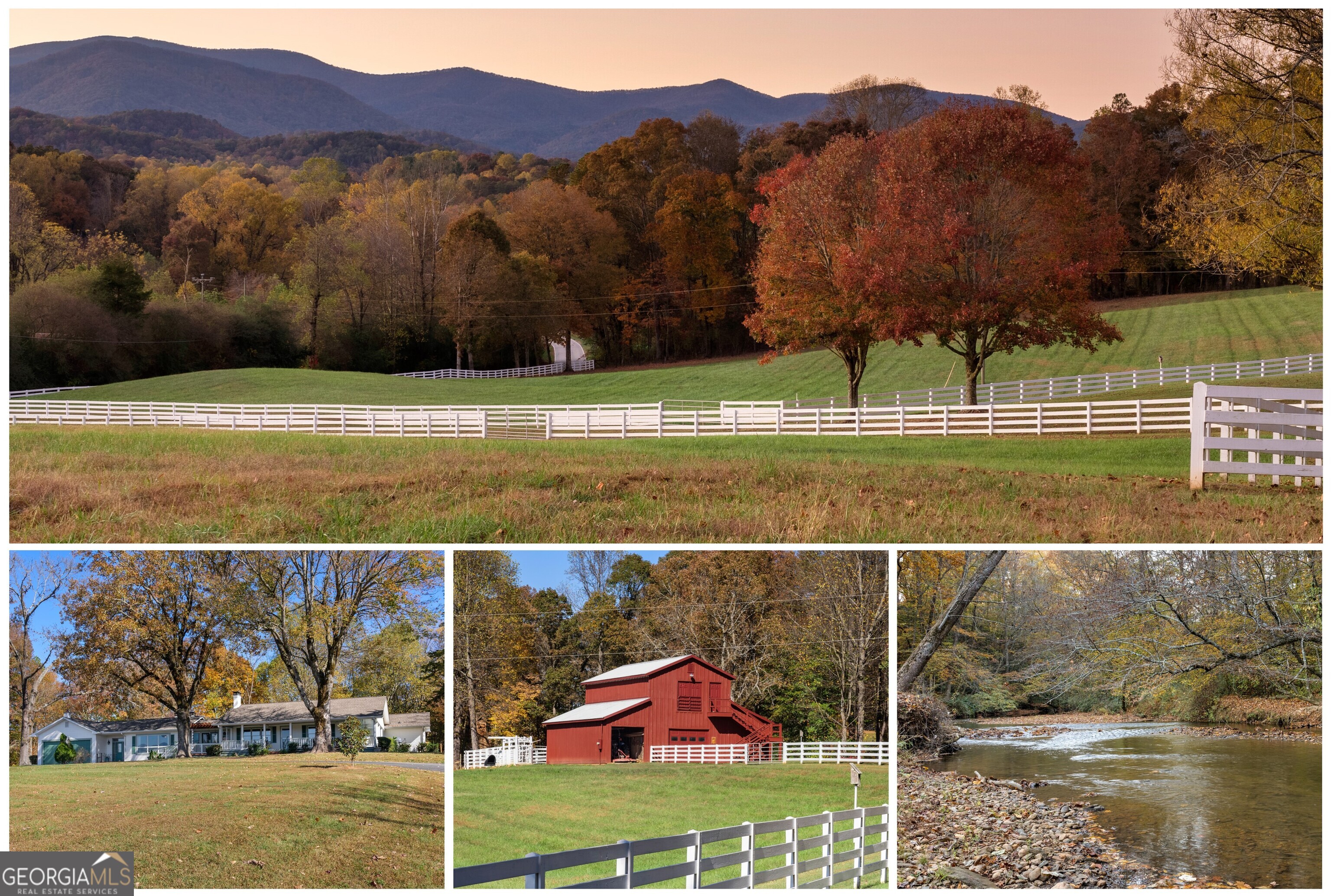 59 Acre Soque River Estate with over 1500' of Exceptional Soque Riverfront and Fabulous Mountain Views. Managed for trophy trout, this rare property has prime river character with runs, riffles, and shoals, uncommon easy river access, and includes 500' of riverfront ownership on both sides of the river. The property also features over 20 acres pasture mostly board-fenced, 2400 sqft barn, and garden lot. The charming 3BD, 3BA 3400 Sqft main home offers wonderful sprawling mountain views and has hardwoods, two fireplaces, sunroom, formal dining area, rocking chair front porch, and pool. Just steps away from the main home is a 1BD, 1BA 1000 sqft guest or caretakers cottage. Multiple additional building sites available, including several hilltop locations with incredible views of Tray Mountain. Bonus: two large equipment pole barns, spring-fed pond, plus over 900' of USNF Frontage. The possibilities are endless: family compound or private retreat, fishing and hunting club, trophy fishing destination, horse farm, agri-tourism location, residential development, etc. Located only a few minutes drive from LaPrade's Marina on Lake Burton and within 15 minutes of Clarkesville and Sautee.