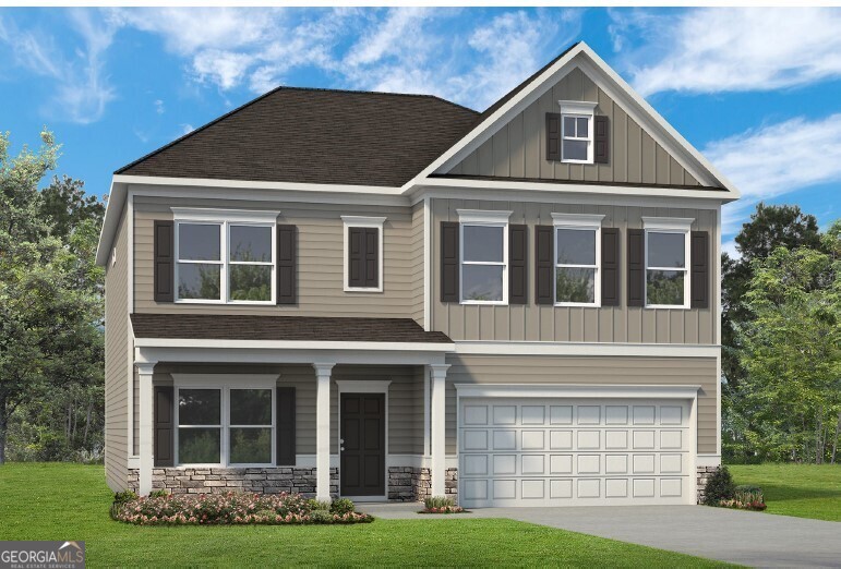 Move in Ready December! The James offered in Jones Ridge by Smith Douglas Homes. The James features a large dining room, a well appointed kitchen with a butler's pantry and a first floor guest room with a full bath that can also serve as a home office. The large family friendly mud room off the garage gives you the space you will want to drop your belongings at the door to keep your clutter to a minimum. Open family room with a gas fireplace invites indoor gatherings while the covered back back patio with an uncovered extension is the ideal place for outdoor entertaining. A well-appointed kitchen has Quartz counters, upgraded cabinetry, upgraded stainless appliances and a lovely tile backsplash. The open iron staircase leads to the amenities on the second floor that includes a convenient laundry room, an open loft and an expansive primary suite with a sitting room. Both floors have 9ft ceiling heights and additional windows create a light-filled and airy atmosphere. Seller incentive with the use of preferred lender. Photos representative of plan not of actual home.