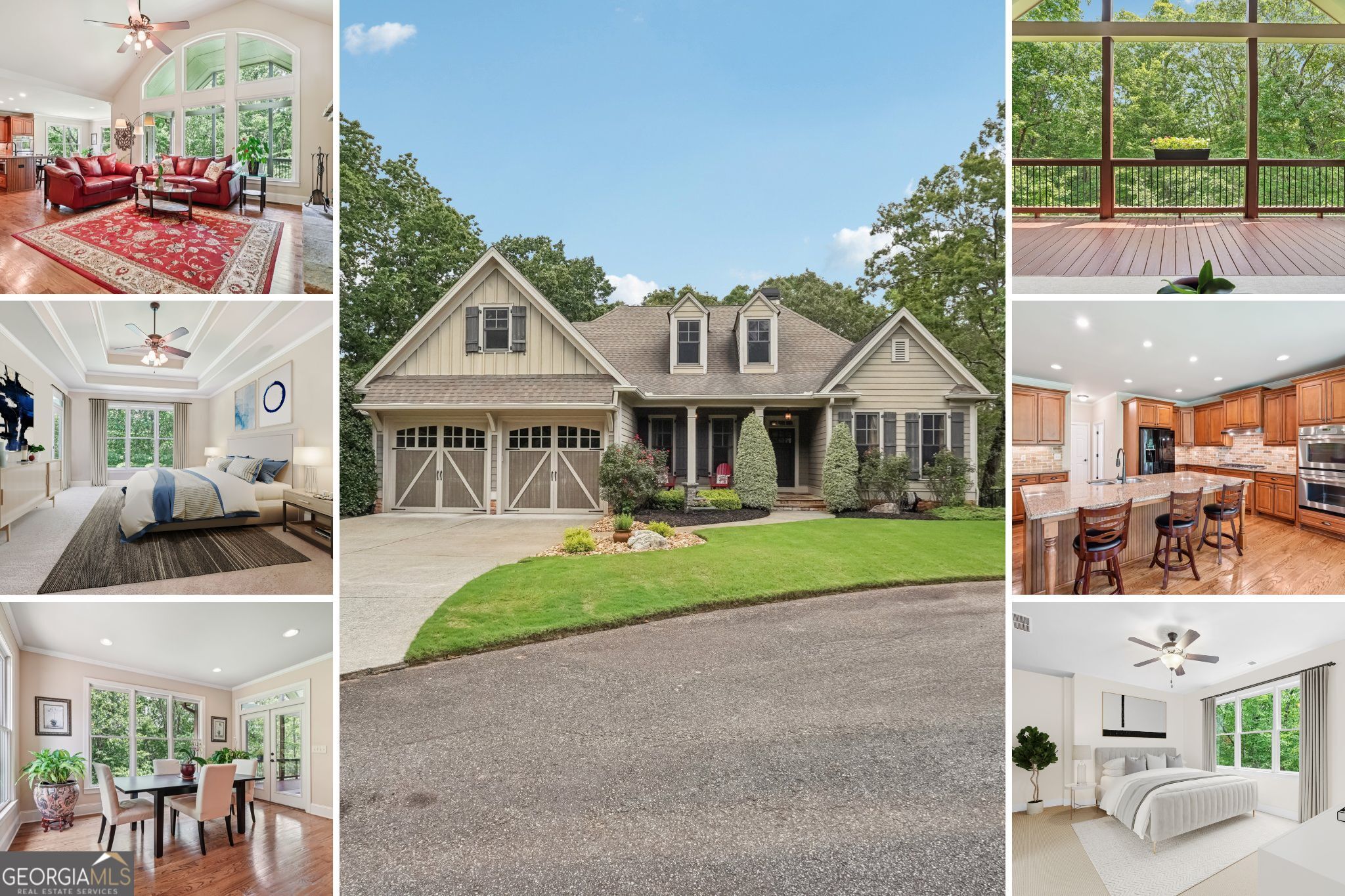 Welcome to your dream oasis at 67 Quartz Way, Dahlonega, nestled within the prestigious Achasta community. This distinctive residence artfully combines luxury and tranquility, providing a serene escape while being just moments away from local charm and modern amenities. As you step onto the rocking chair front porch, you're welcomed by the beauty of nature through large windows, filling the open-concept main level with light. A vaulted ceiling soars above a custom stone fireplace, offering a warm and inviting atmosphere. The chef's kitchen, complete with a generous island and a separate breakfast area, promises culinary delights for family gatherings or quiet afternoons. You'll also find a versatile room that serves as a dining area, office, or bonus space. Venture to the finished basement, a sanctuary in its own right, featuring three bedrooms and two bathrooms, making it ideal for guests or family members seeking privacy. Large windows illuminate the expansive living area, which opens to a covered deck, evoking the sensation of a treehouse in the woods. A bonus room awaits your imagination - perhaps a game room, wet bar, or second kitchen - with its own exterior entrance enhancing convenience. Nestled at the end of a tranquil cul-de-sac and surrounded by low-maintenance beauty, this home is perfect for buyers who cherish peace and privacy. In the Jack Nicklaus Signature Gated Golf Community of Achasta, residents enjoy access to an active lifestyle of a championship 18-hole golf course, new pickleball courts and pickleball club, hiking, canoeing, fishing, the Achasta grill, and multiple community club activities. With its prime location near restaurants and shopping, North Georgia's finest wineries, the new hospital, and only 1H from ATL, Achasta blends the best of lifestyle and convenience. Contact the listing agent for a Golden opportunity and schedule a private tour today. Disclaimer: All information deemed reliable but not guaranteed and should be independently verified. Photos & lot lines may be virtually staged to assist buyers in visualizing the property's potential. Contact the listing agent for more information or to schedule a private showing.