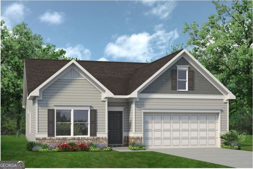 Move in Ready October 2024! The Crawford plan by Smith Douglas Homes in Maddox Station offers versatile living spaces with an open floorplan concept. The kitchen features 36" cabinets for ample storage, elegant Quartz countertops and stainless steel appliances. A mud room with bench seating and beadboard trim provides a convenient dropzone and leads to the laundry room. Inside Owners will enjoy cozing up in the living area in front of the beautiful fireplace while outdoors they can enjoy the yard from the roomy 10x20 back patio.  In the Owner's suite, you will find a spacious retreat with a tray ceiling and bath that includes a shower-only option with a double sink. This home seamlessly combines functionality and modern design. Upgraded vinyl plank flooring in the main living area provides a seamless flow from room to room. Nine ft ceiling heights add to the spaciousness of the home. Photos representative of plan not of actual home. Ask about seller incentives with use of preferred lender.