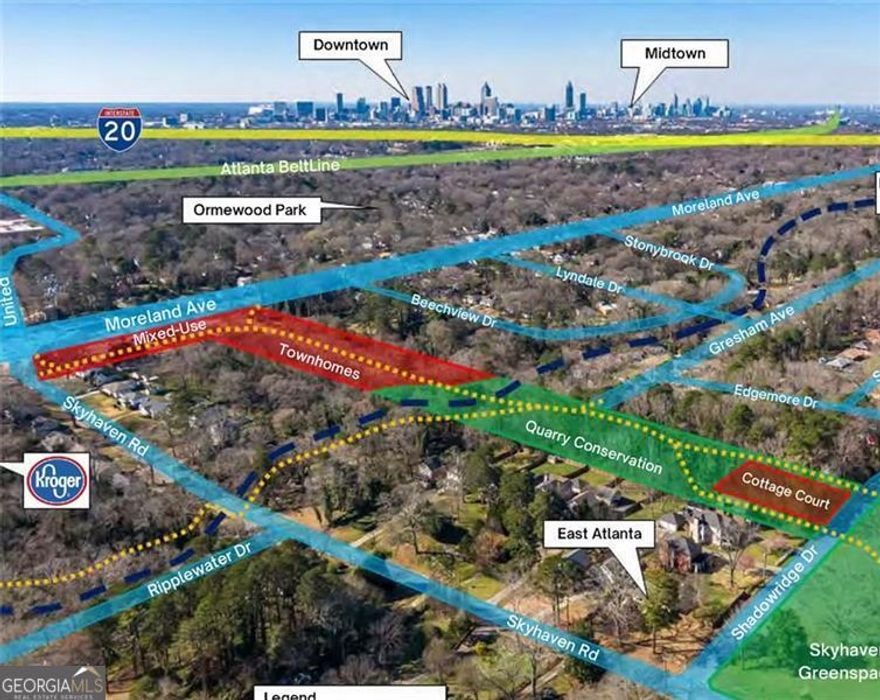 Seize a Rare and High-Visibility Development Opportunity. This 9.79-acre site is located at the Bustling Intersection of Moreland Ave and Skyhaven Rd, offering 700 feet of frontage and positioning it perfectly for a mixed-use project in one of Atlanta's fastest-growing corridors. Adjacent to a 14-acre greenspace, the property presents a prime location for both residential and commercial development. The proposed project includes 17,000 of Commercial and Retail Space on the ground floor, perfect for restaurants, boutiques, offices, and daily essentials; 110 modern residential apartments atop the commercial spaces; and 47 for-sale townhomes catering to buyers seeking a vibrant, walkable community. Additionally, there is potential for expansion with room to add 25 more apartments. Site plans, schematic designs, and floorplans are provided, significantly reducing costs and time to construction. The property benefits from high traffic visibility, with over 35,000 vehicles passing daily, and is located adjacent to a 14-mile Greenspace trail, enhancing its appeal and absorption rates. The area is rapidly appreciating, with strong demand for mixed-use developments. Positioned along the key corridor connecting East Atlanta, Ormewood Park, Grant Park, and South Atlanta, this site is ideal for both residential and commercial growth. Nearby Developments, including East Atlanta Village, Grant Park, and the BeltLine, have experienced Exponential Property Value Increases, while Apartment complexes in the Area report over 95% Occupancy Rates and steadily rising rents. The site is also close to key employers and institutions like Hartsfield-Jackson Airport and Georgia State University. Comparable mixed-use projects in the area, such as The Indie and Glenwood Park, Demonstrate Strong leasing demand and High occupancy rates. This 9.79-acre site offers exceptional investment potential with multiple revenue streams from apartments, townhomes, commercial leasing, and retail space, all in a prime location with excellent accessibility. The development's proximity to major highways, employment hubs, and growing residential and retail markets ensures continued demand and growth.