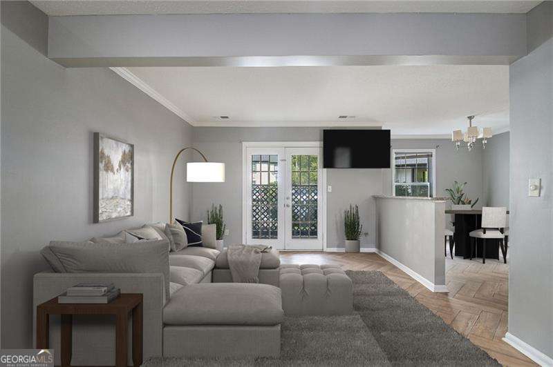Lease Purchase with no rental restrictions. This beautifully renovated, ground-floor end unit condo is conveniently situated in the heart of Tucker, with double French doors to a private patio. The spacious living area features an open floor plan with a view from the kitchen to the living room. The kitchen has newer white cabinetry, granite countertops, newer appliances, and a large stainless steel sink. Spa-like tiled walk-in showers w/ADA bars in updated bathrooms. Flex space off kitchen can be used for large walk-in pantry or office area. Newer herringbone flooring, and modern light fixtures that provide a stylish and contemporary feel. You'll find an array of shopping centers and restaurants within close proximity. I-85 and I-285 are nearby, making it ideal for those working in Atlanta or other surrounding areas. Gas is included in the HOA!