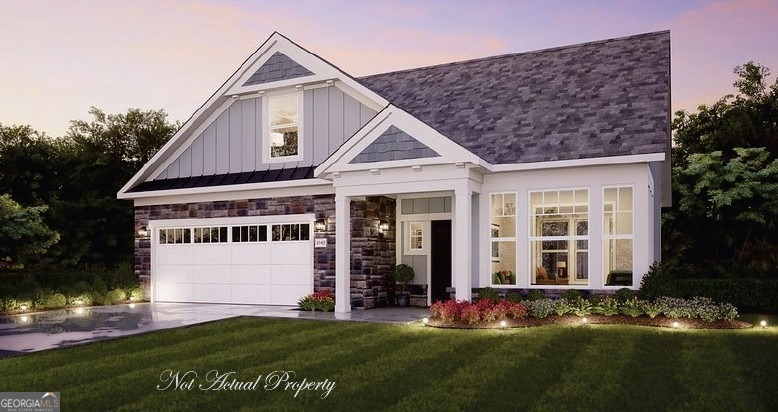 Quick Move-In Opportunity on Lot 100, a large pie-shaped homesite across from the lake, just shy of 1/4 acre, at The Courtyards at Bailey Farms! Our award-winning Portico floor plan, with a bonus suite, has 3 bedrooms and 3 bathrooms with a large, very open, courtyard in our 55+ Active Lifestyle Community. A deluxe kitchen with a gas cooktop, quartz countertops, light wicker color stain full overlay kitchen cabinets, soft closing doors and drawers, roll out shelves and pull-out trash center. Wall ovens with microwave and French 3 door refrigerator included. The open-concept family room, with a fireplace, flows seamlessly into the kitchen and dining area, allowing you to be a part of all your gatherings, even while cooking in the well-equipped kitchen. Enjoy all the natural light from the many over-sized Pella windows at the front and side of the home along with views of the lake from the private courtyard. The owner's bath features a spa-like zero-entry shower, dual quartz vanities with undermount sinks, and a large linen closet. Spacious bonus suite with large bedroom, bathroom with a walk-in shower, and a fabulous view of the lake from the living area. Located in a prestigious Epcon community, The Courtyards at Bailey Farms, residents enjoy resort-style amenities including a pool, large clubhouse with fitness center, pickleball courts, fenced-in dog park, fire pit area and a lake with a dock and plenty of fish! With easy access to I-85 and just minutes from the local grocery and other shopping and dining, 15 minutes to Mall of GA, golf courses, Little Mulberry Park, this home offers both convenience and an active lifestyle. Amenities and lawncare is covered by monthly HOA fees of $185. Construction will be complete by September-schedule your tour today! Ask agent for special quick move in promotions.